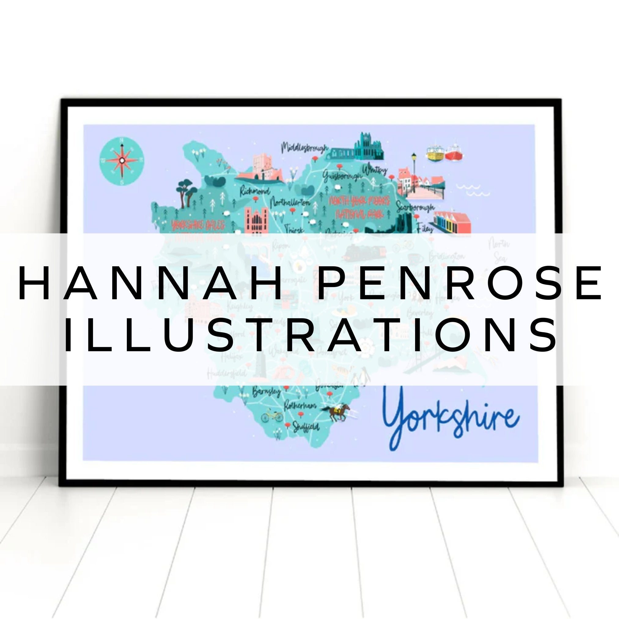 Framed print of a digital sketch of a Yorkshire map, featuring key landmarks illustrated with intricate hand-drawn details and a charming artistic style.