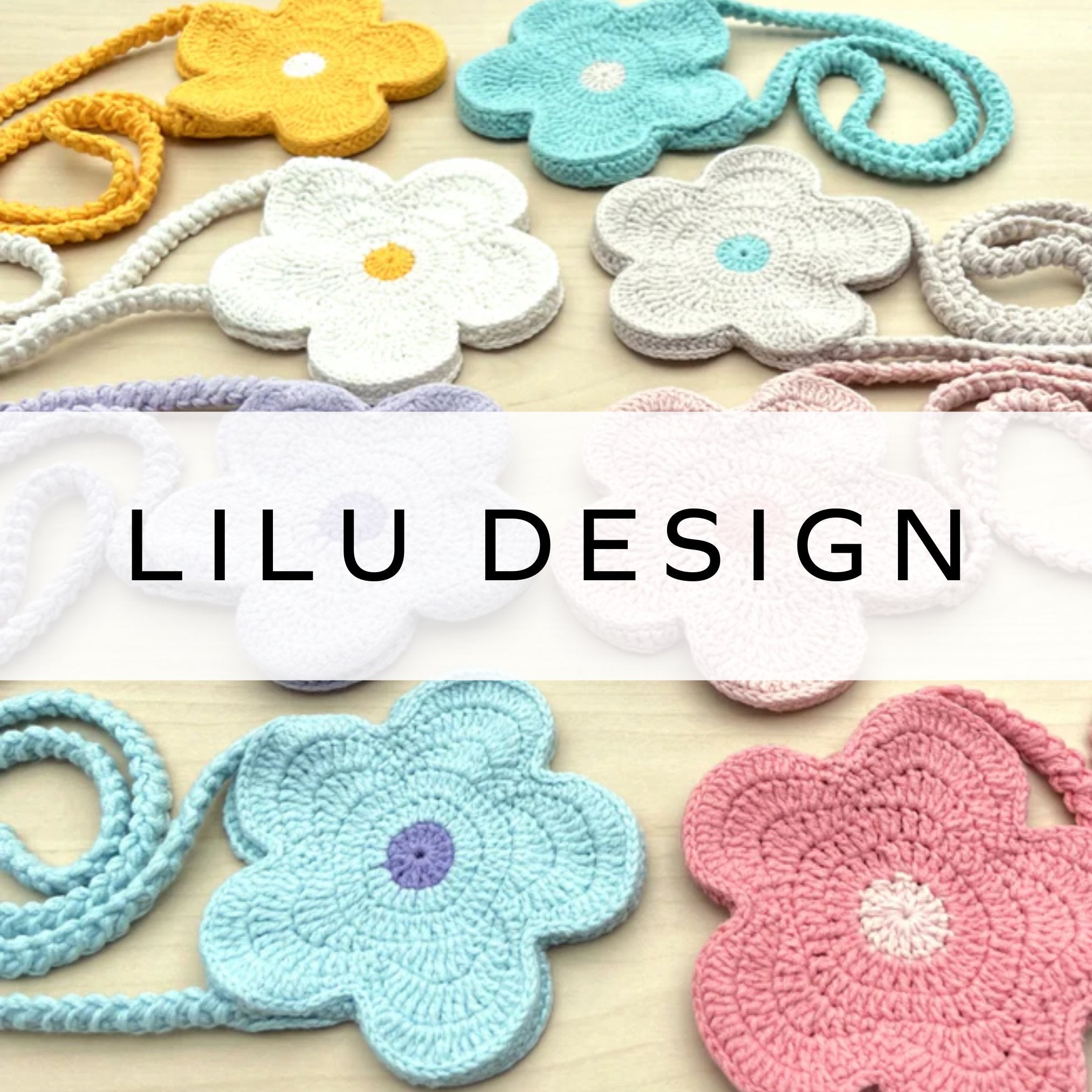 A collection of crochet flower-shaped bags in various pastel colours, showcasing intricate stitching and a soft, handmade design. Perfect for adding a touch of charm.