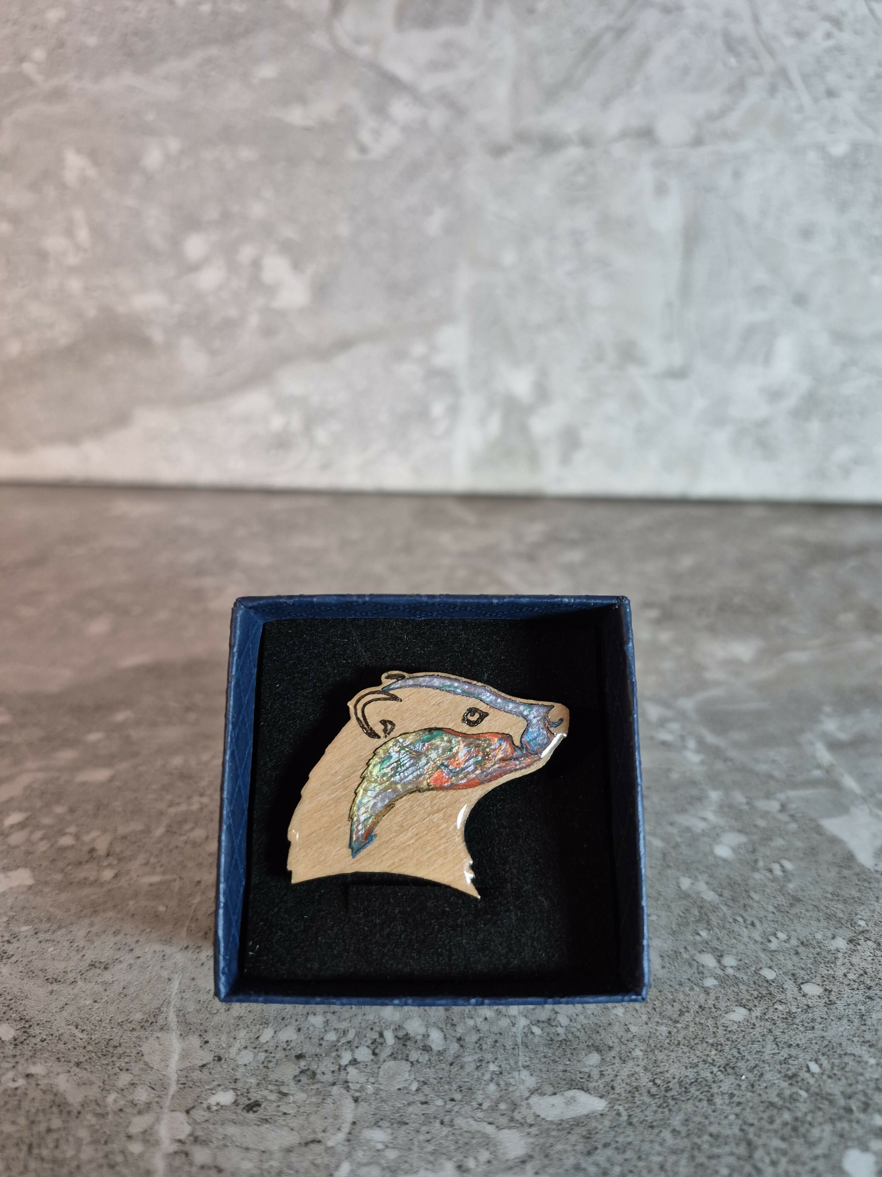 Handcrafted Cherry Veneered Badger Head Pin