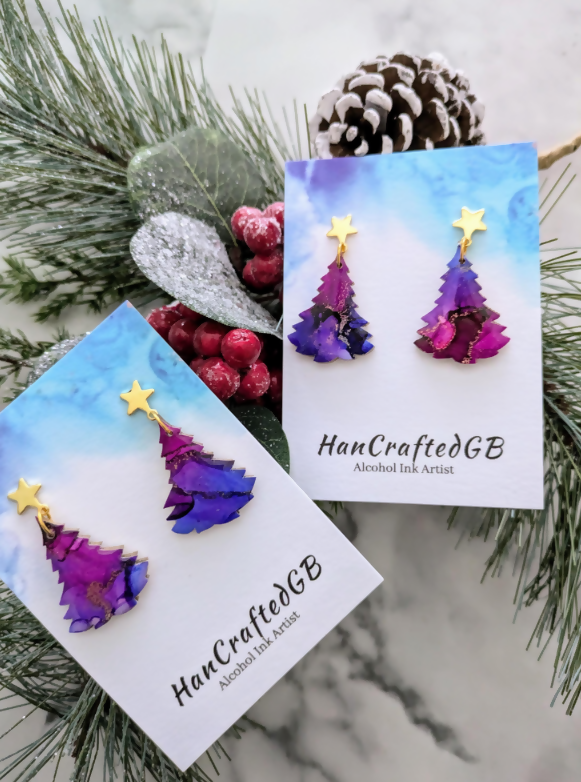 Galaxy Christmas Tree Gold Earrings, Alcohol Ink Art