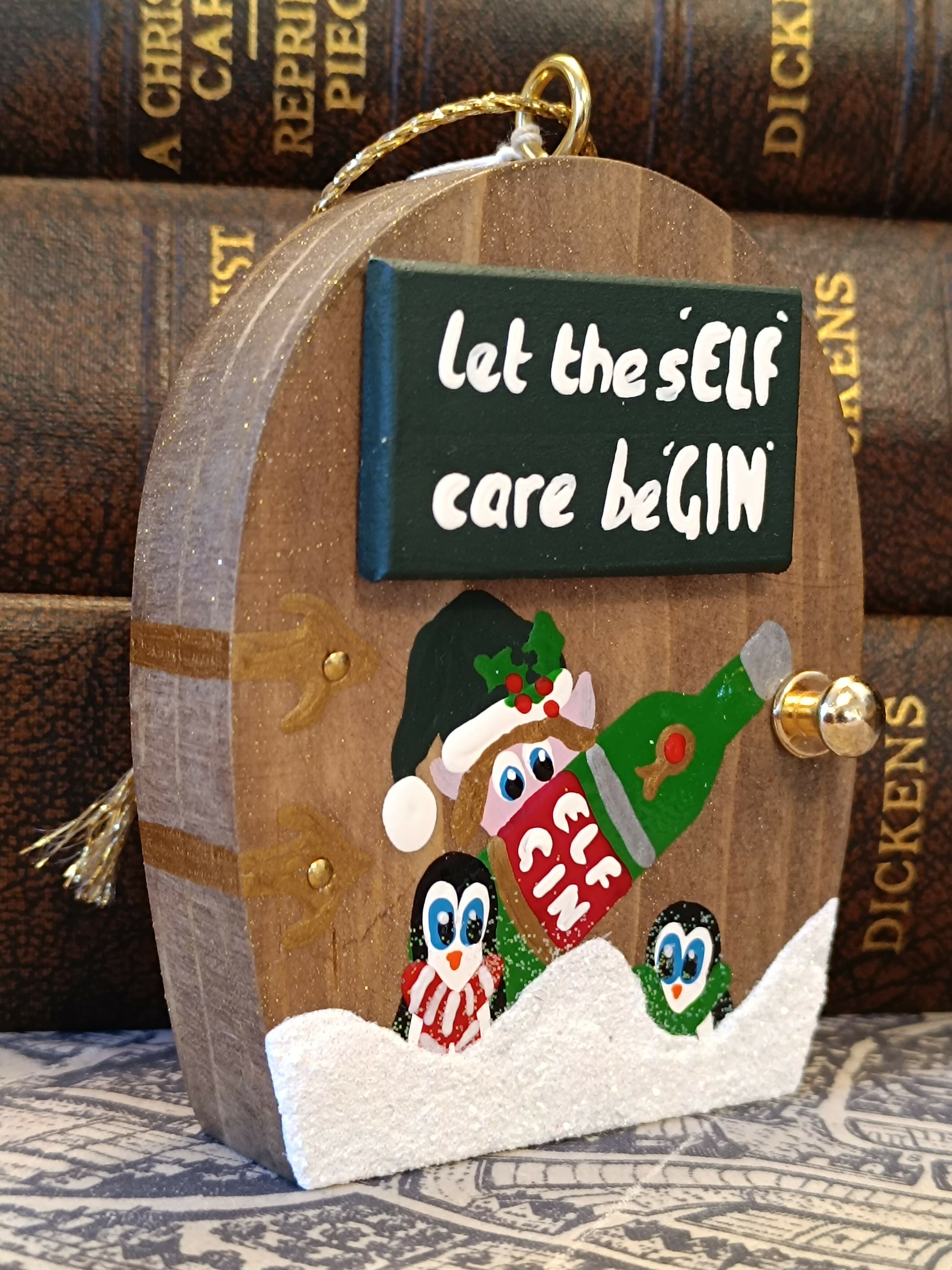 Humorous Handmade Elf Door Decorative Ornament – "Let the sELF Care beGIN" Funny Christmas Tree Decoration & Secret Santa Gift