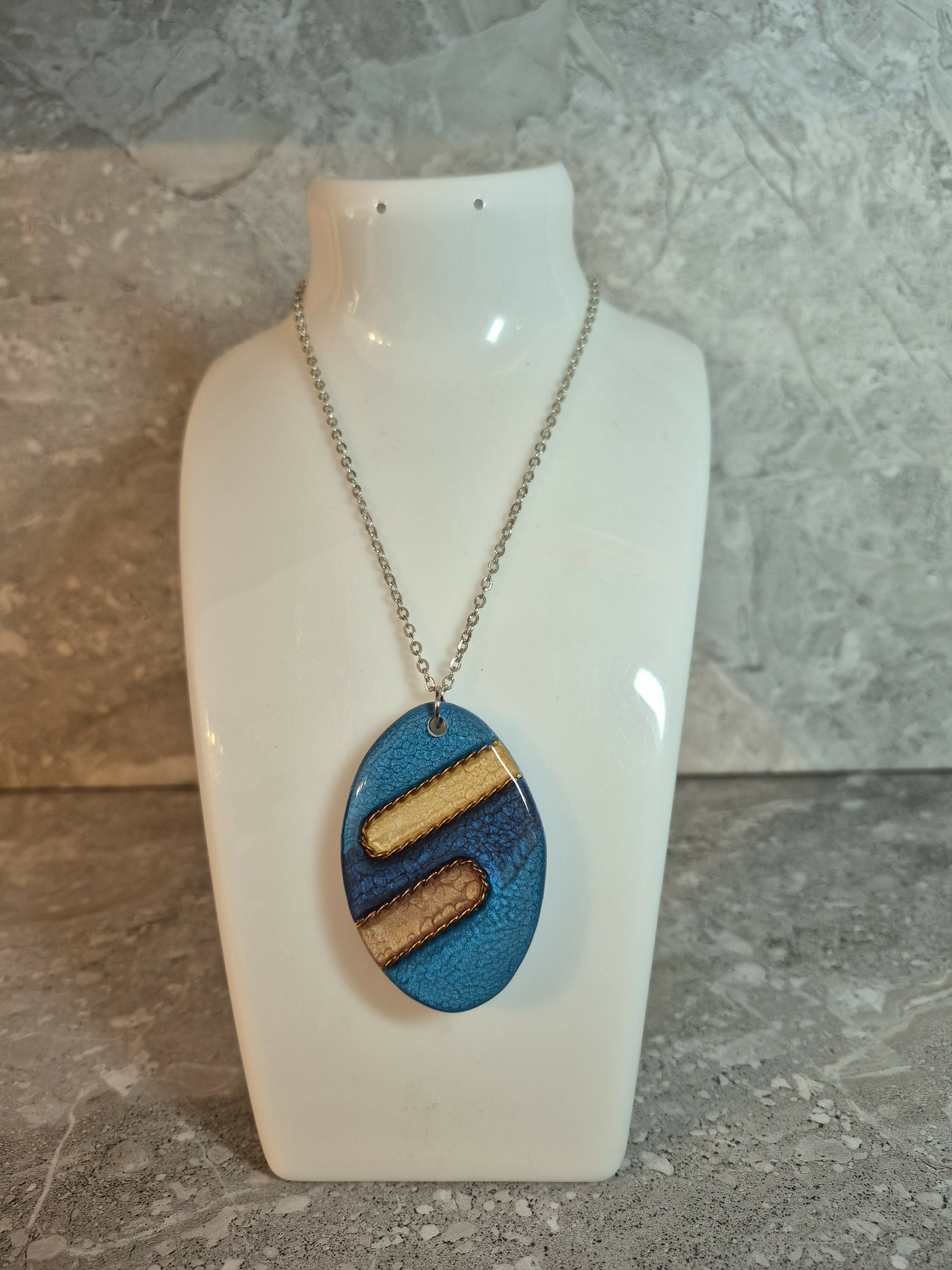 Unique Hand Crafted Double Sided Cyan and Blue Oval Pendant with Crackle Effect - Wood and Resin
