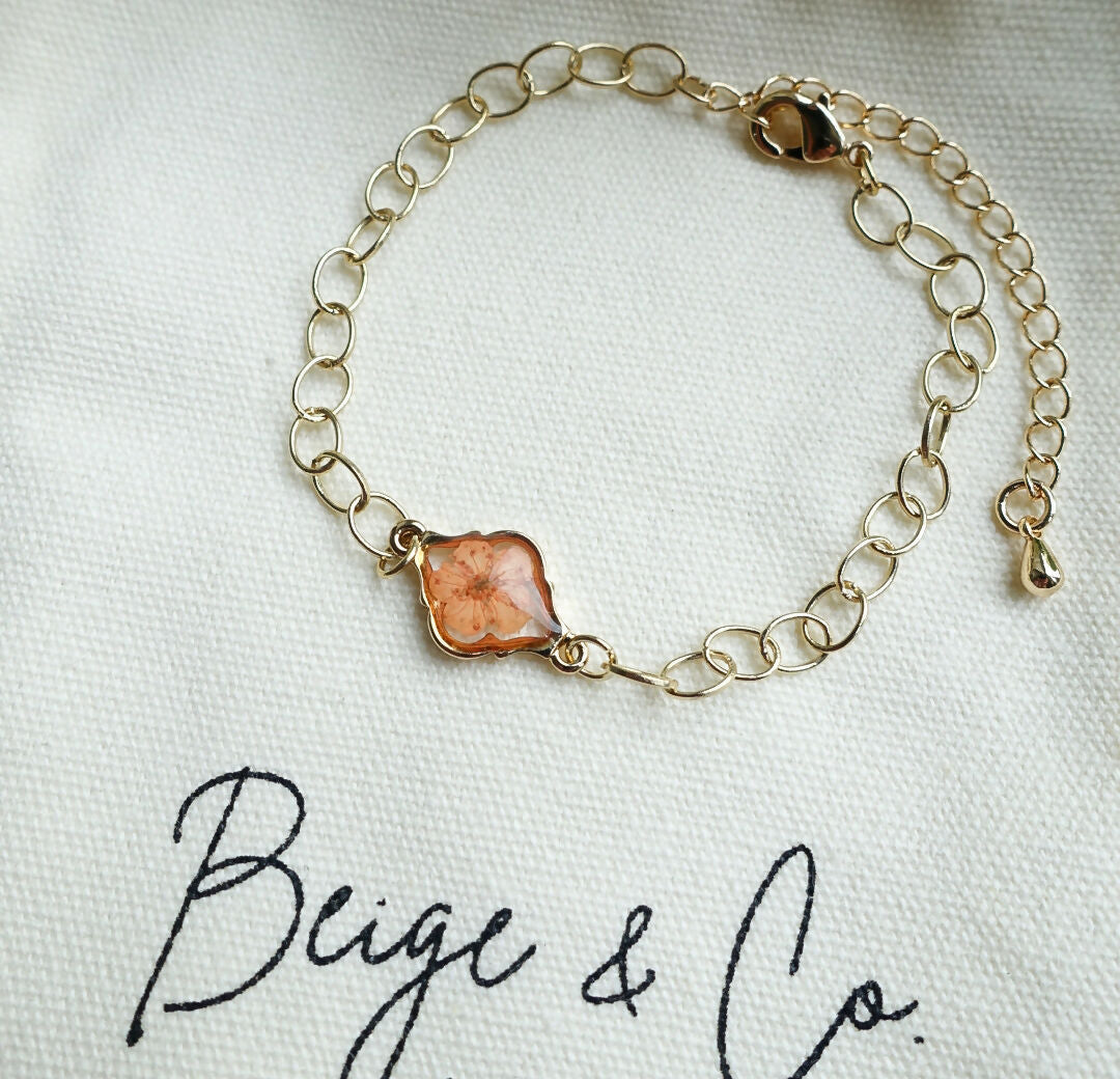 Real Pressed Flower Gold Bracelet - Orange