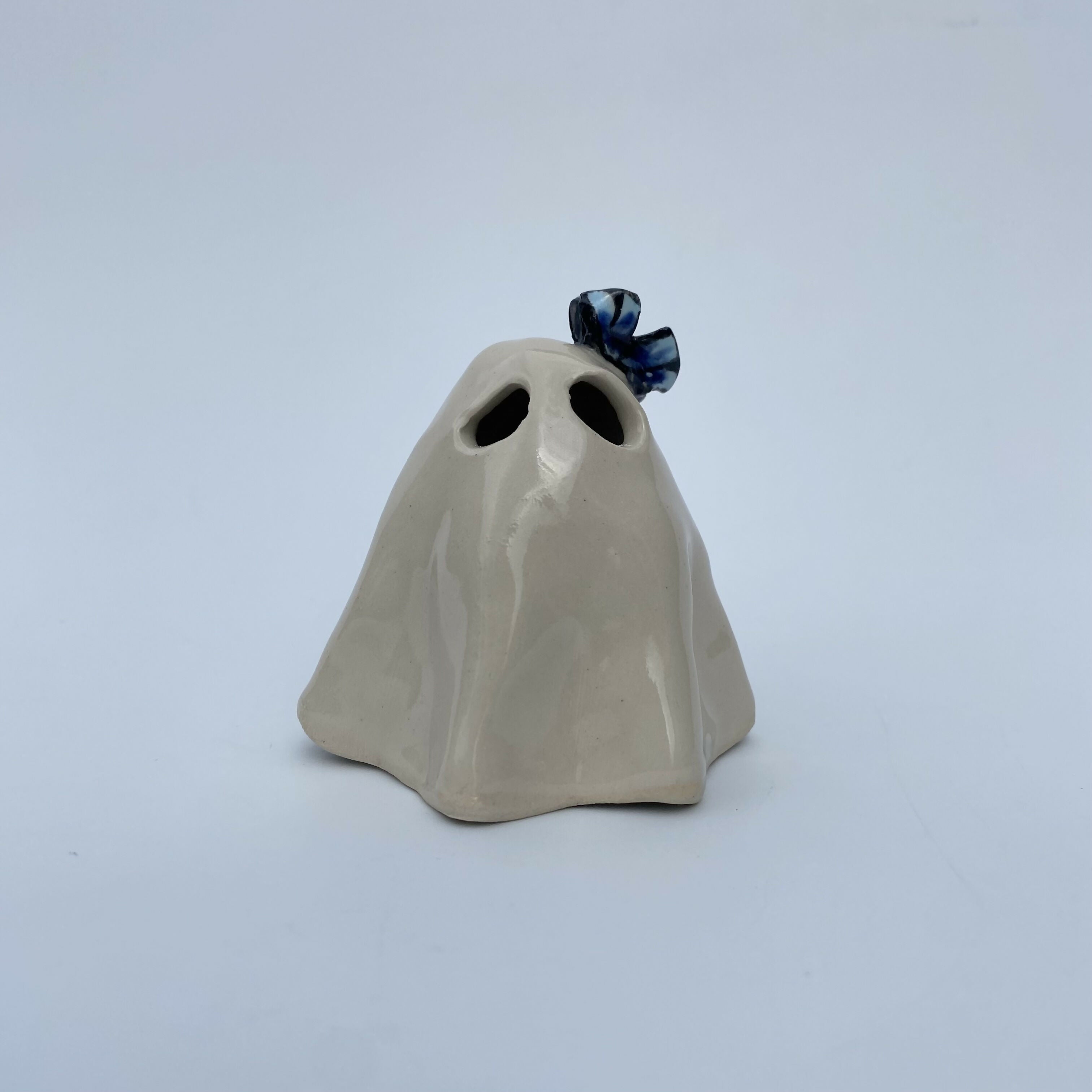 Handmade Ceramic Ghost Ornament With A Blue Butterfly