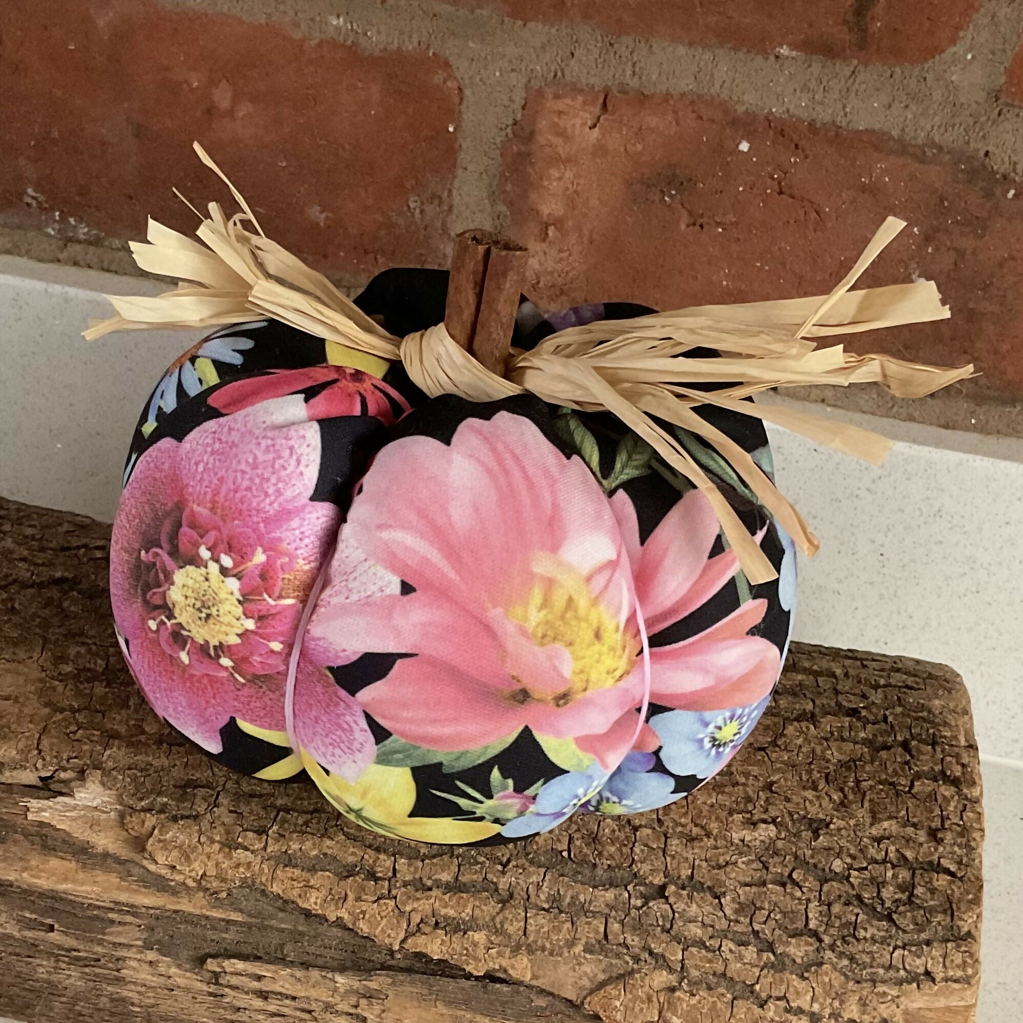 Up-cycled Fabric Pumpkin Decoration, Large Floral Pattern, Halloween Display
