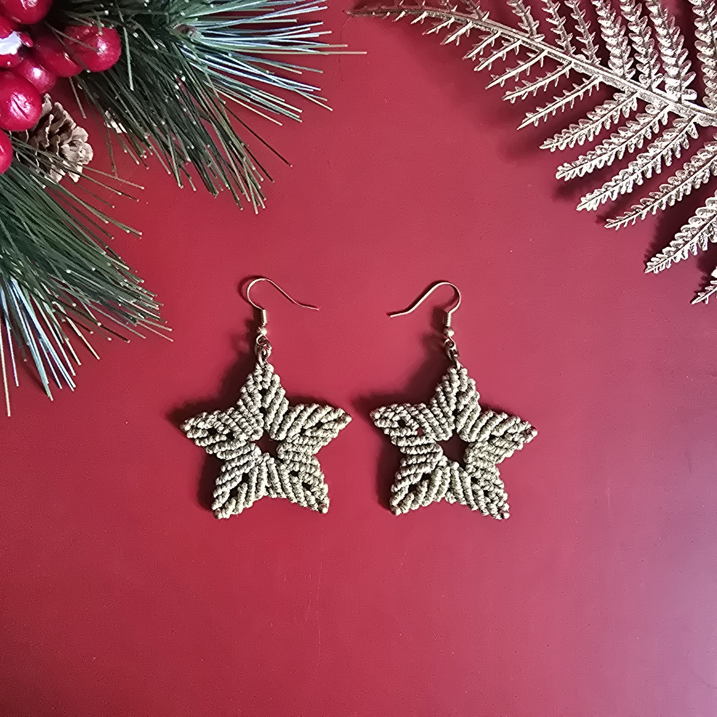 Christmas Macrame Star Earrings; Festive Sparkly Gold knotted Cord Handmade Artisan Earrings