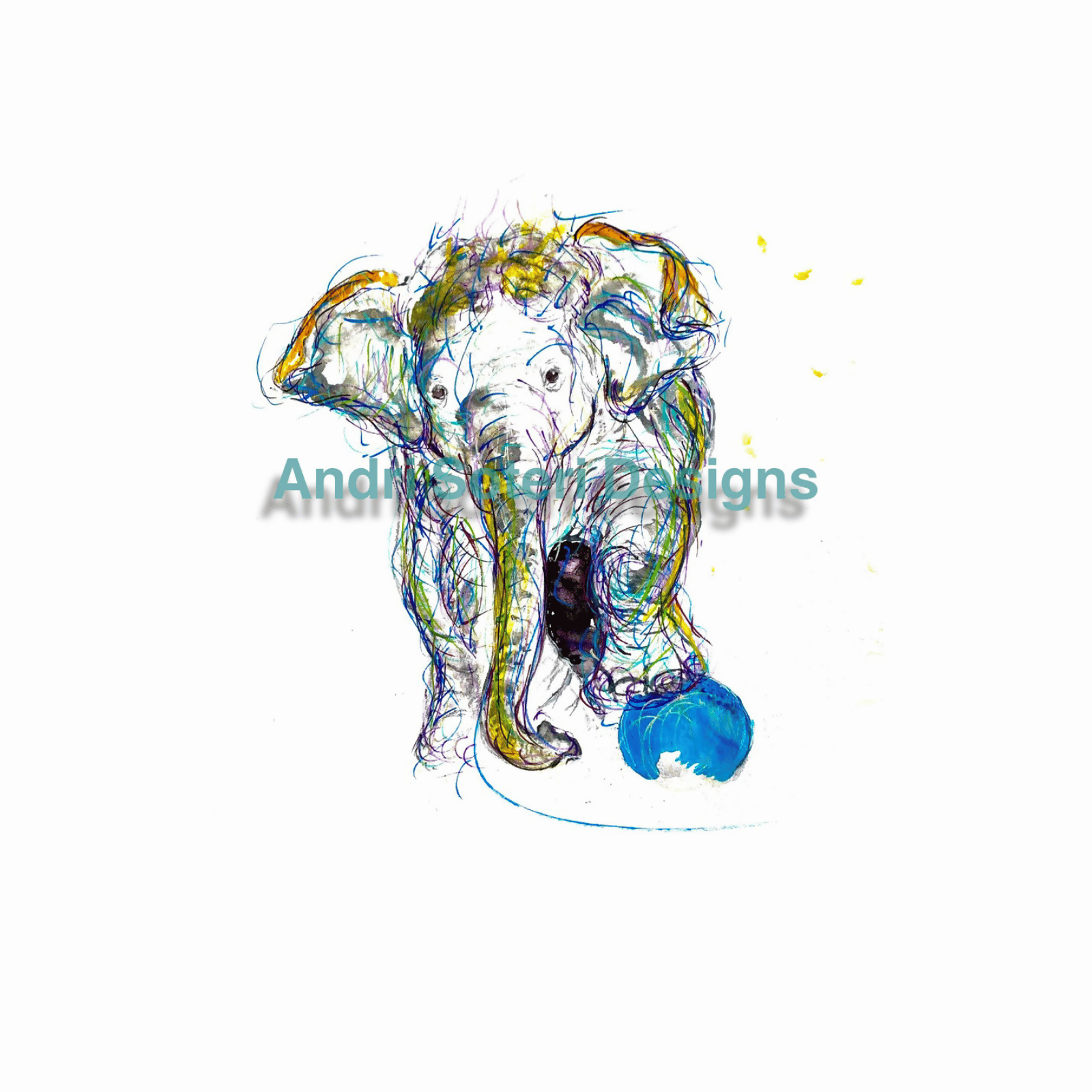 FINE ART PRINT OF BABY ELEPHANT WITH BALL, PART OF THE 'LITTLE MINI TREASURE' ART COLLECTION