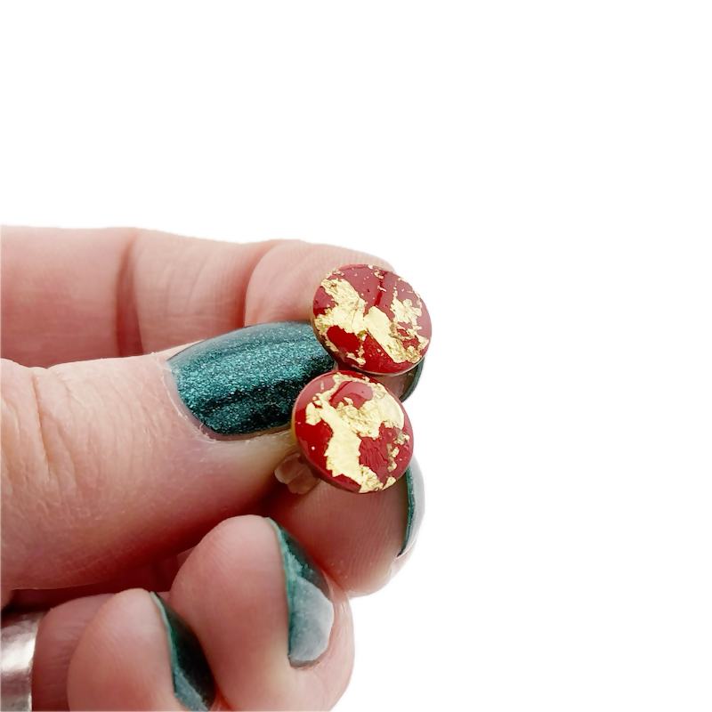 Red And Gold Leaf Christmas Earrings - With Sterling Silver Earring Posts