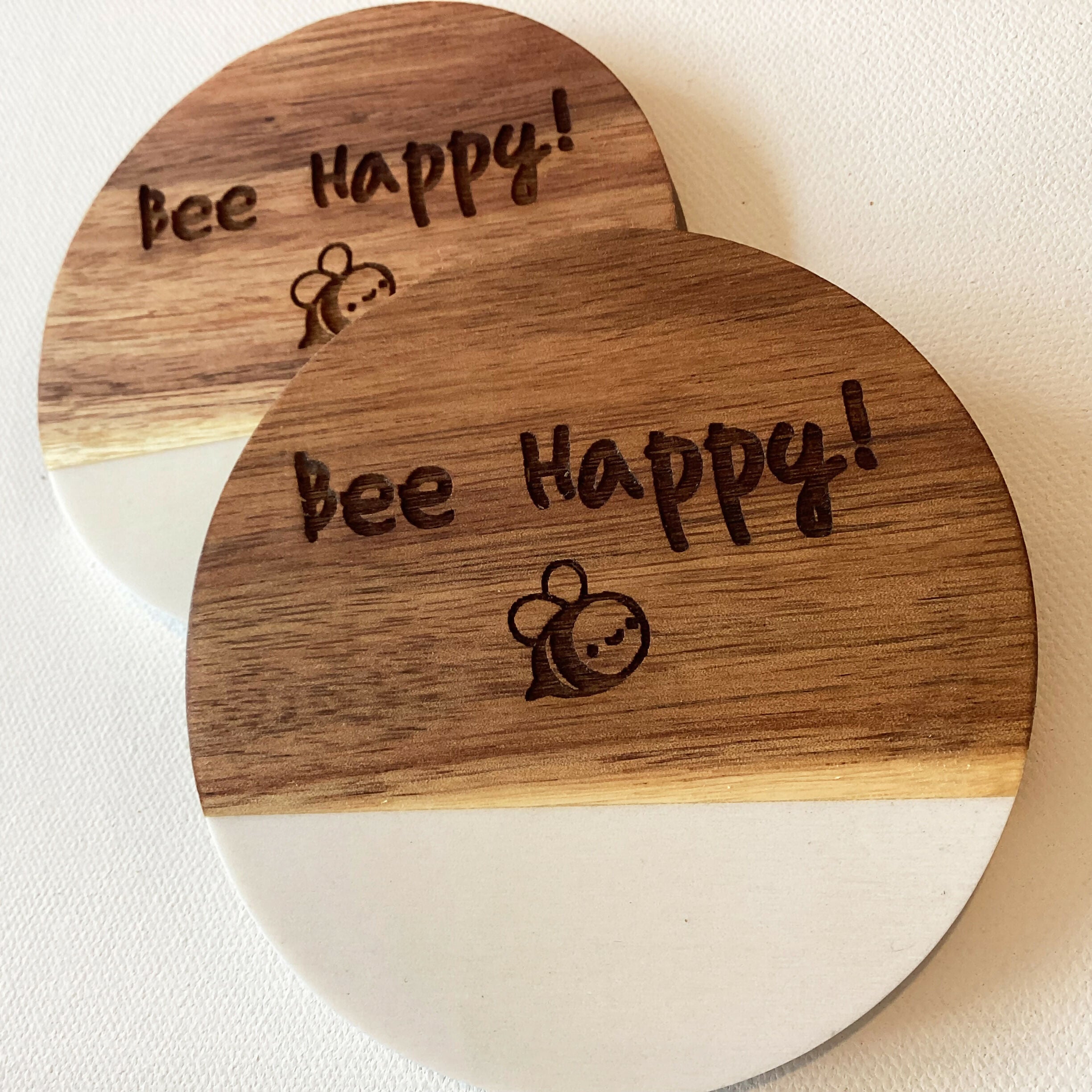Engraved Marble & Acacia Coaster - Bee Happy