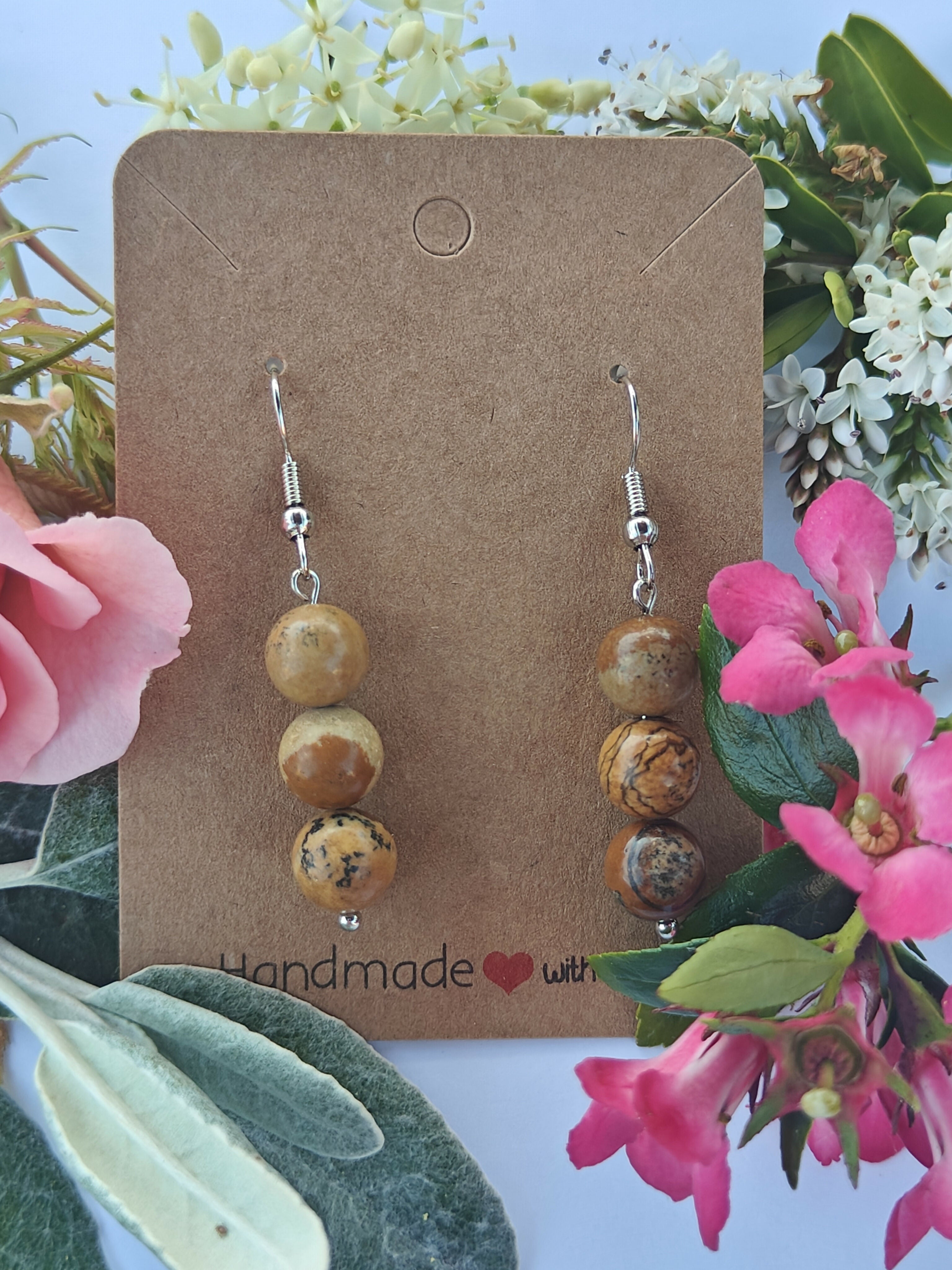 Picture Jasper Wire Wrapped Crystal Bead Earrings