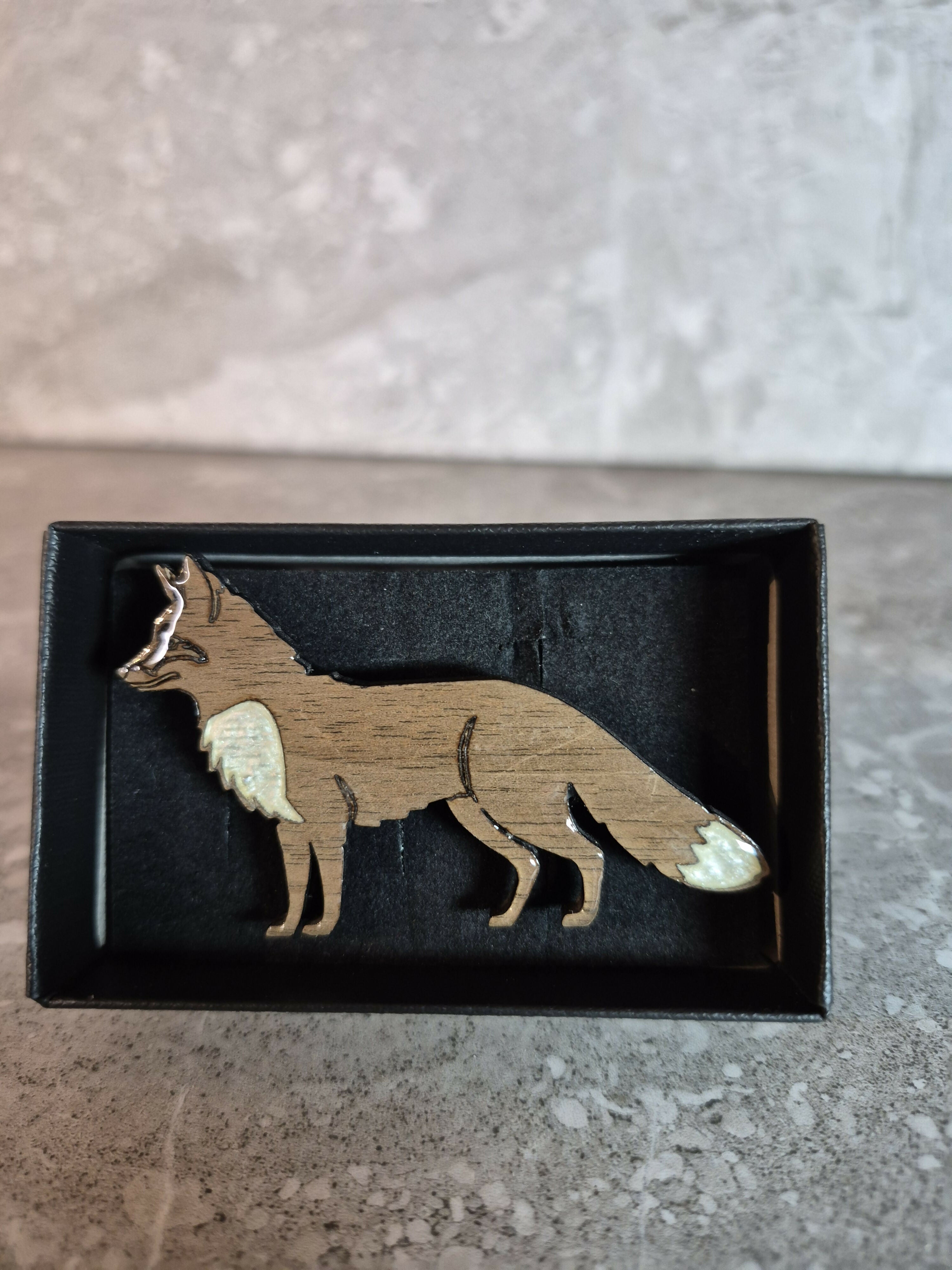 Handcrafted Walnut Veneered Red Fox Pin With White Accents