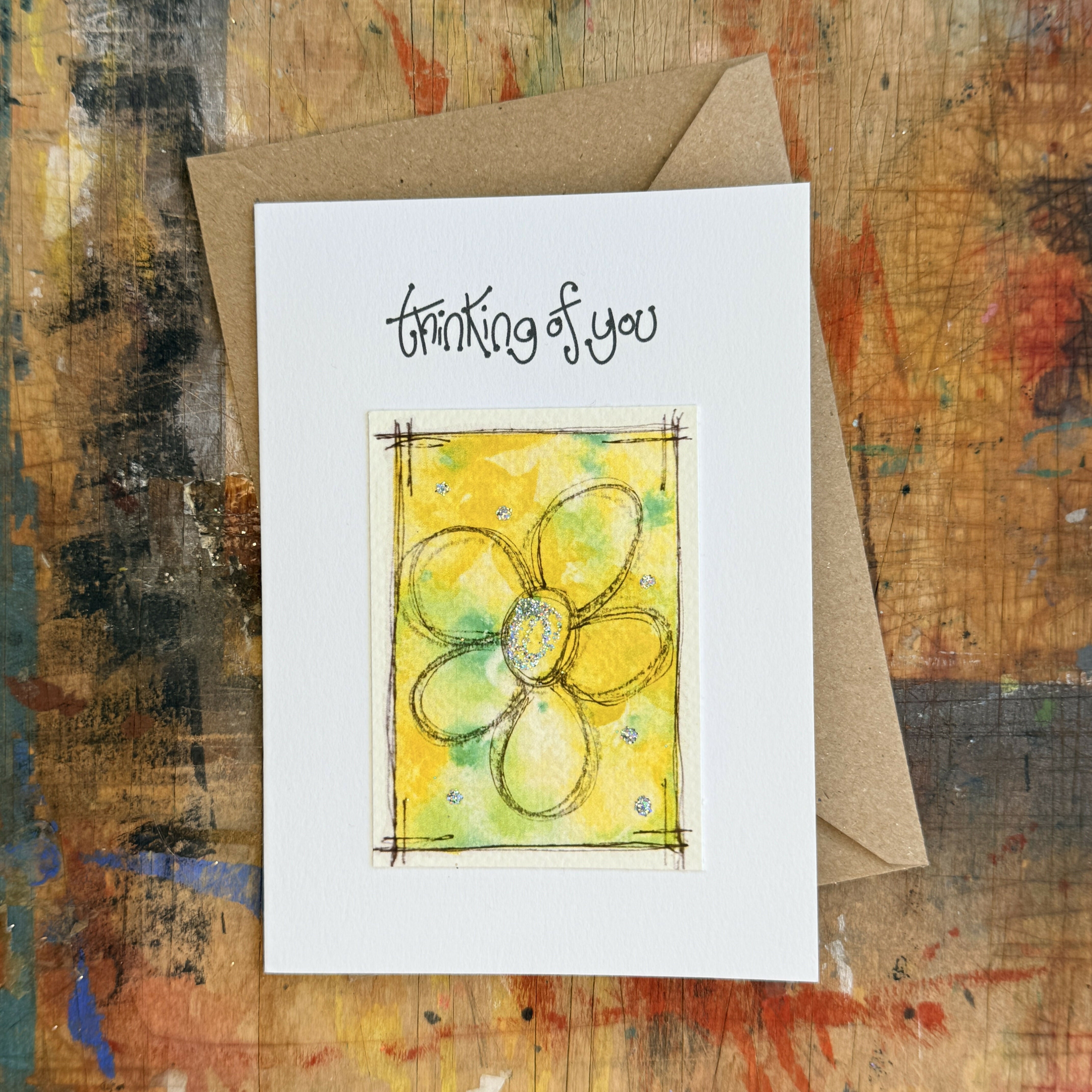 Abstract Flower Thinking of You Card in Yellow