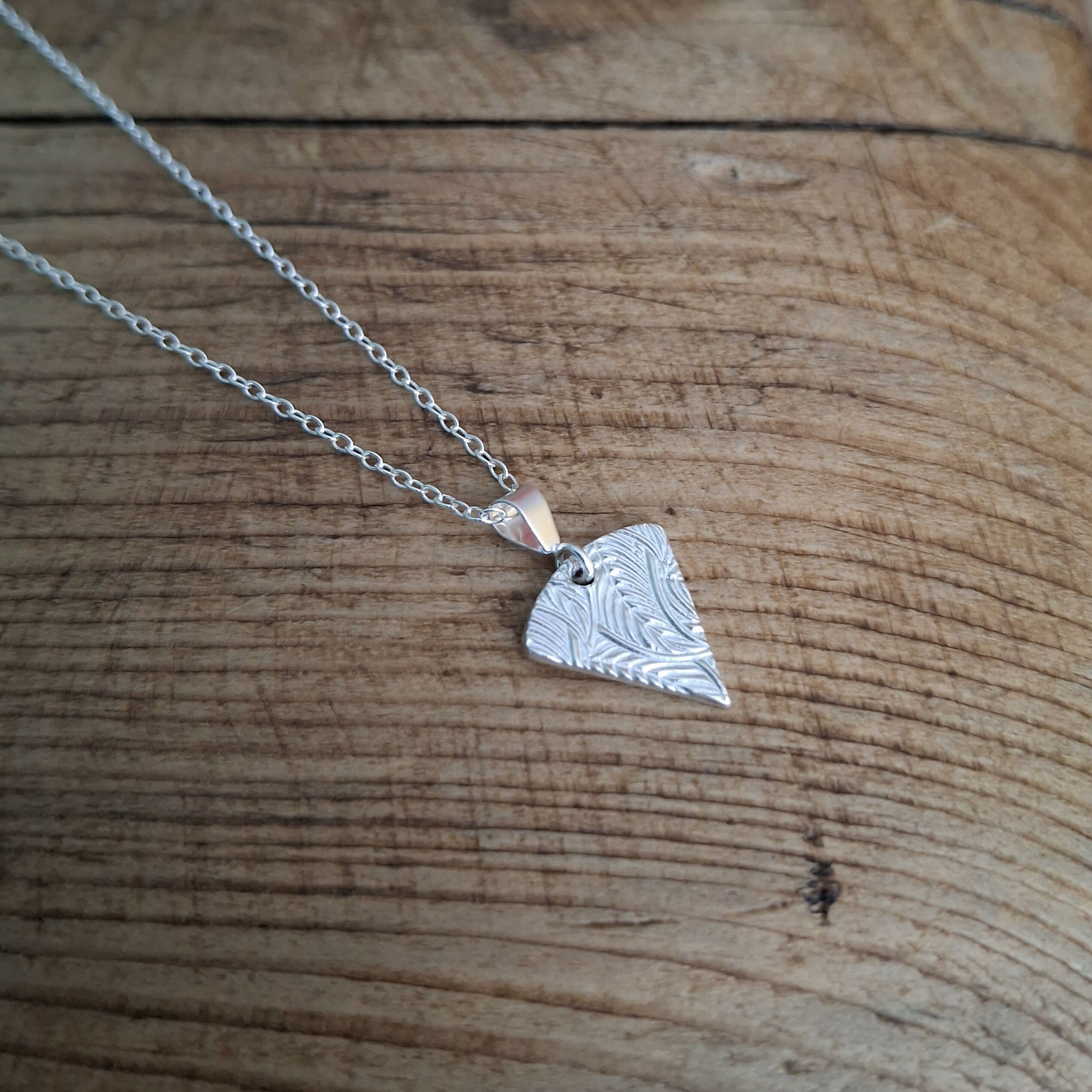 Handmade Silver Triangle Charm Necklace Leaf Texture