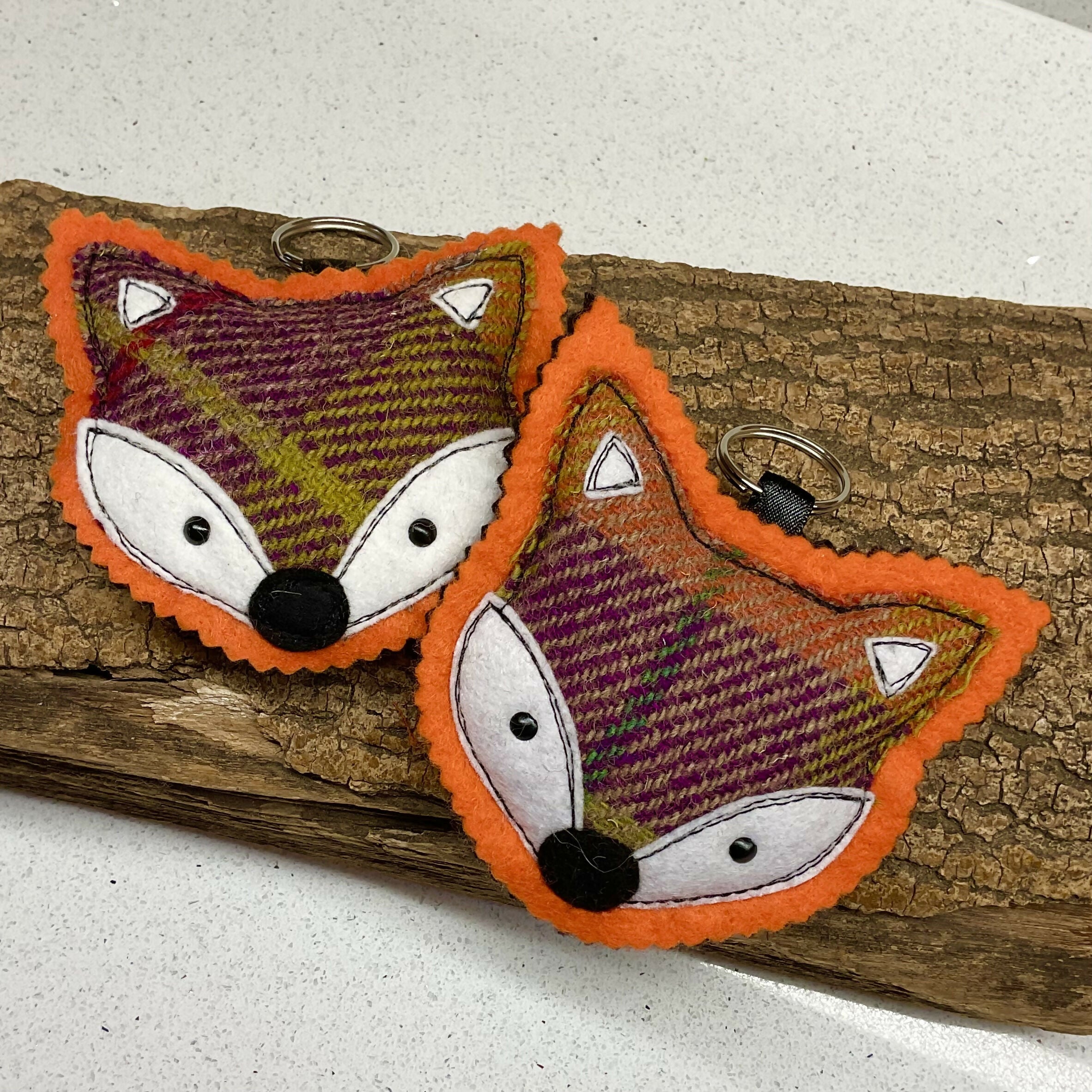 Harris Tweed Fox Face Keyring, Handmade With Wool Fabric, Purple And Orange Check