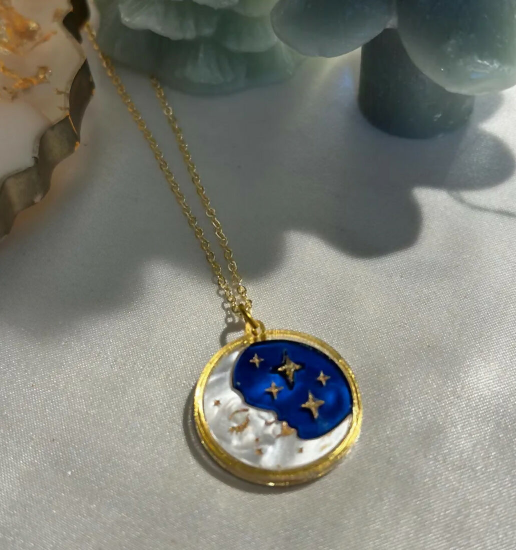 Celestial, Christmas Crescent Moon and Starry Sky Disc Pendant