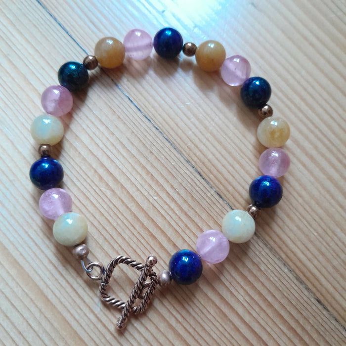 Pure Copper Twist Toggle Bracelet with Yellow Jade, Pink Jade, Lapis Lazuli and Copper Hematite