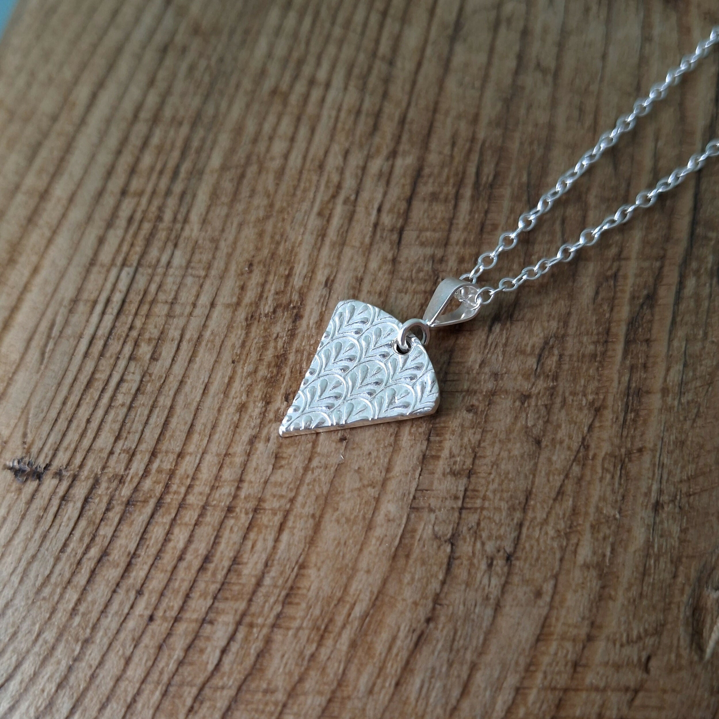 Handmade Silver Triangle Charm Necklace Fancy Leaf Texture