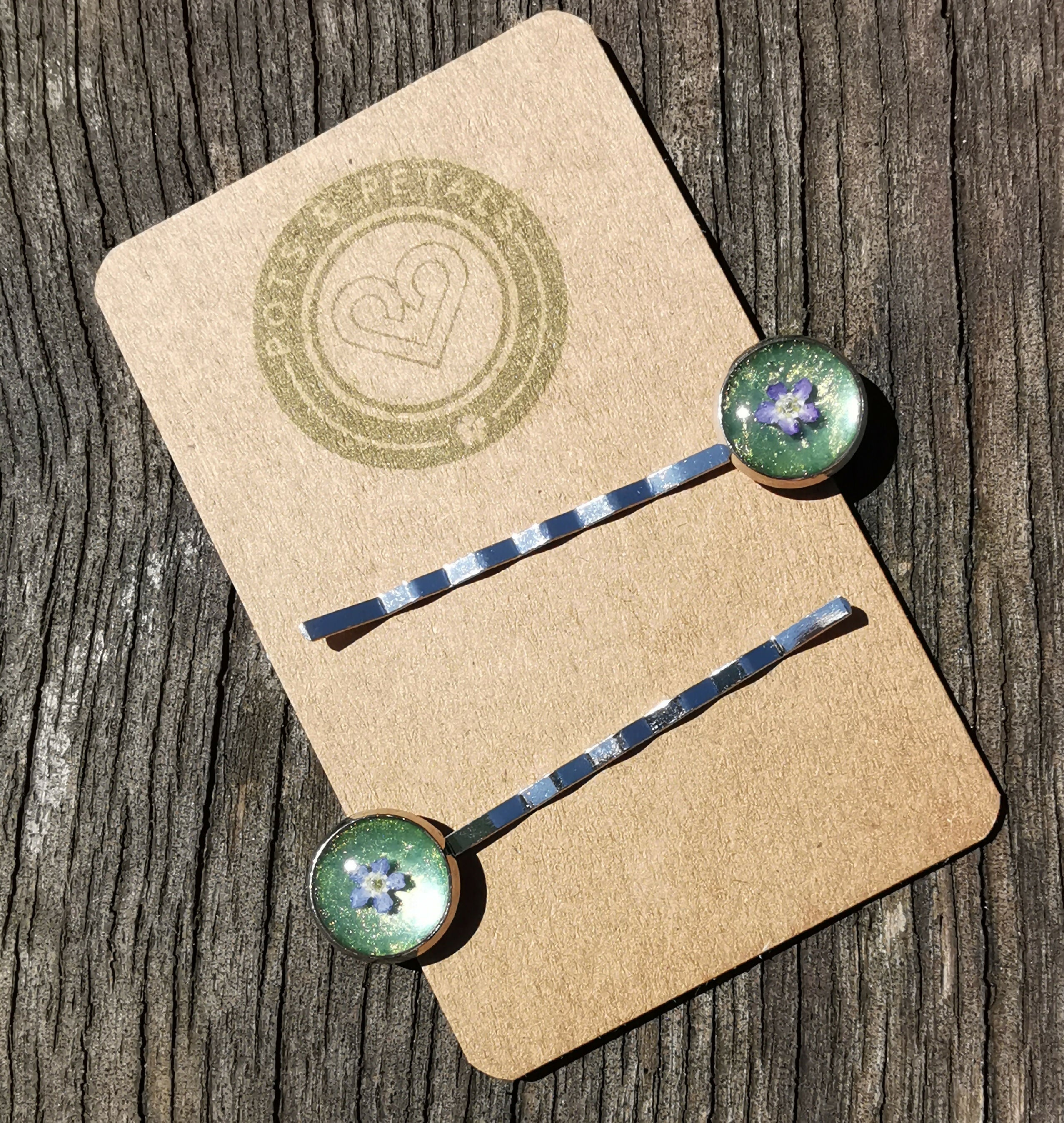 Pressed forget me not hairslides