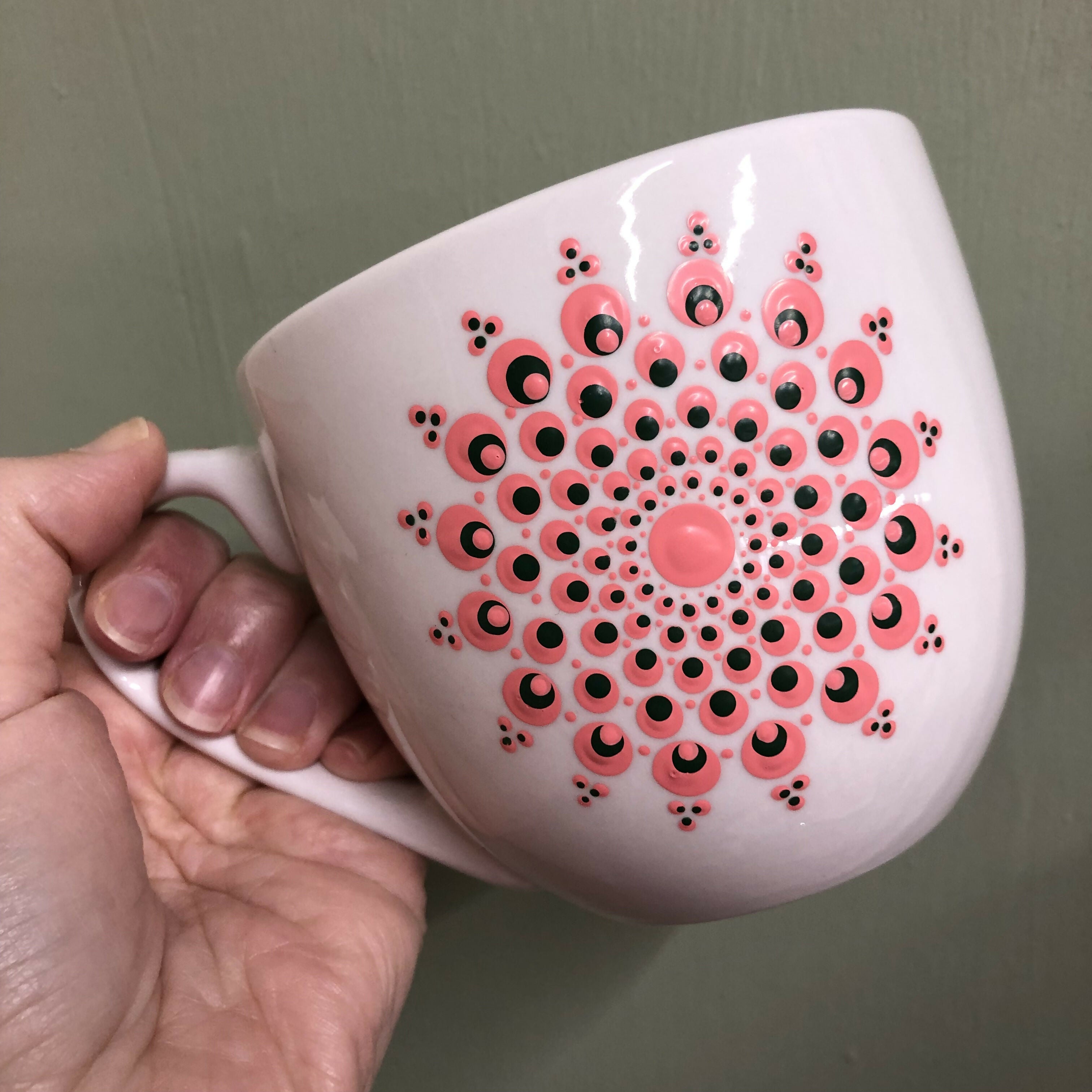 Hand Painted Dot Mandala Large Mug: Tropic and Dark Green
