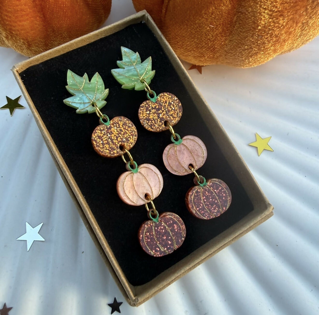 Dangly pumpkin earrings with leaf stud