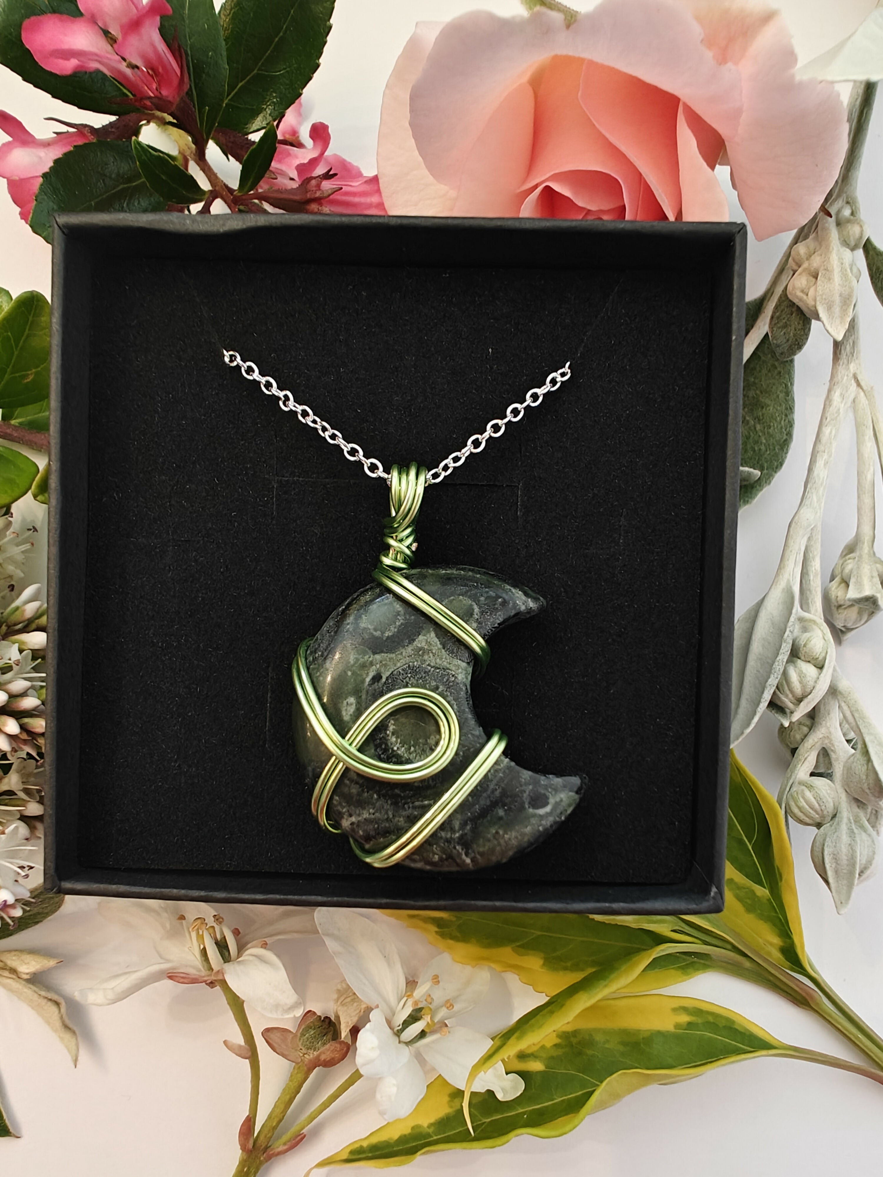 Kambaba Jasper Wire Wrapped Crystal Moon Necklace on Sterling Silver Chain