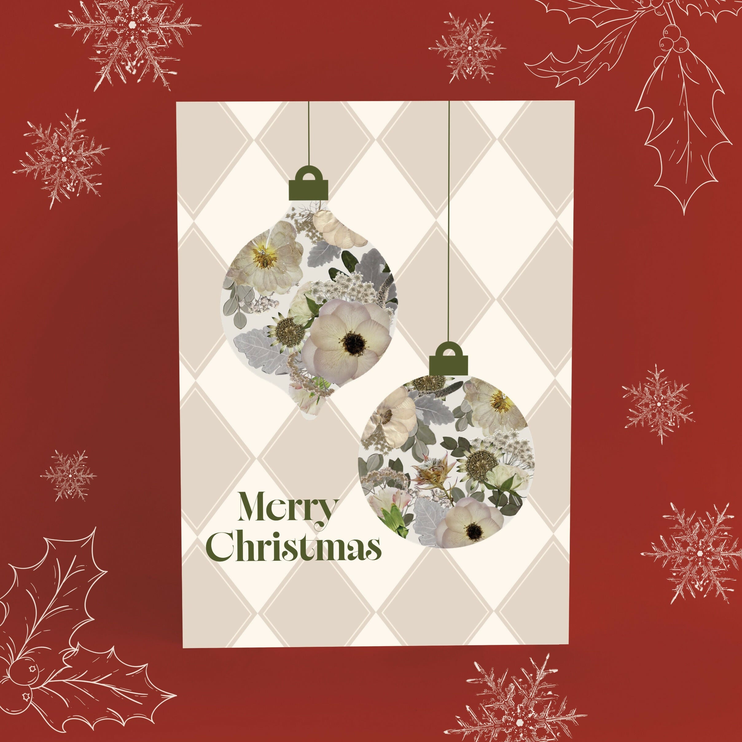 Pressed Flower Bauble Print Christmas Card