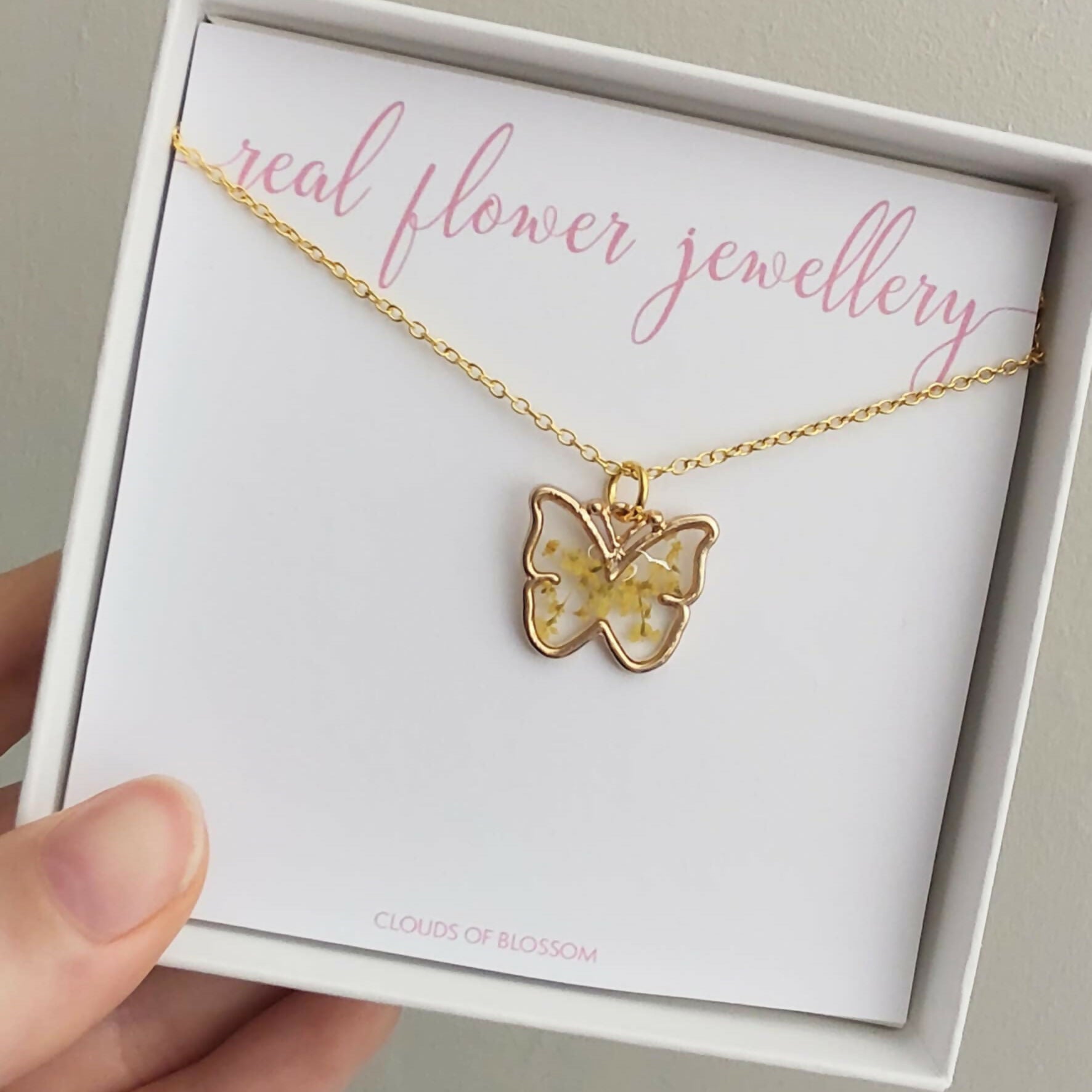 Yellow Real Flower Butterfly Necklace Gold Plated