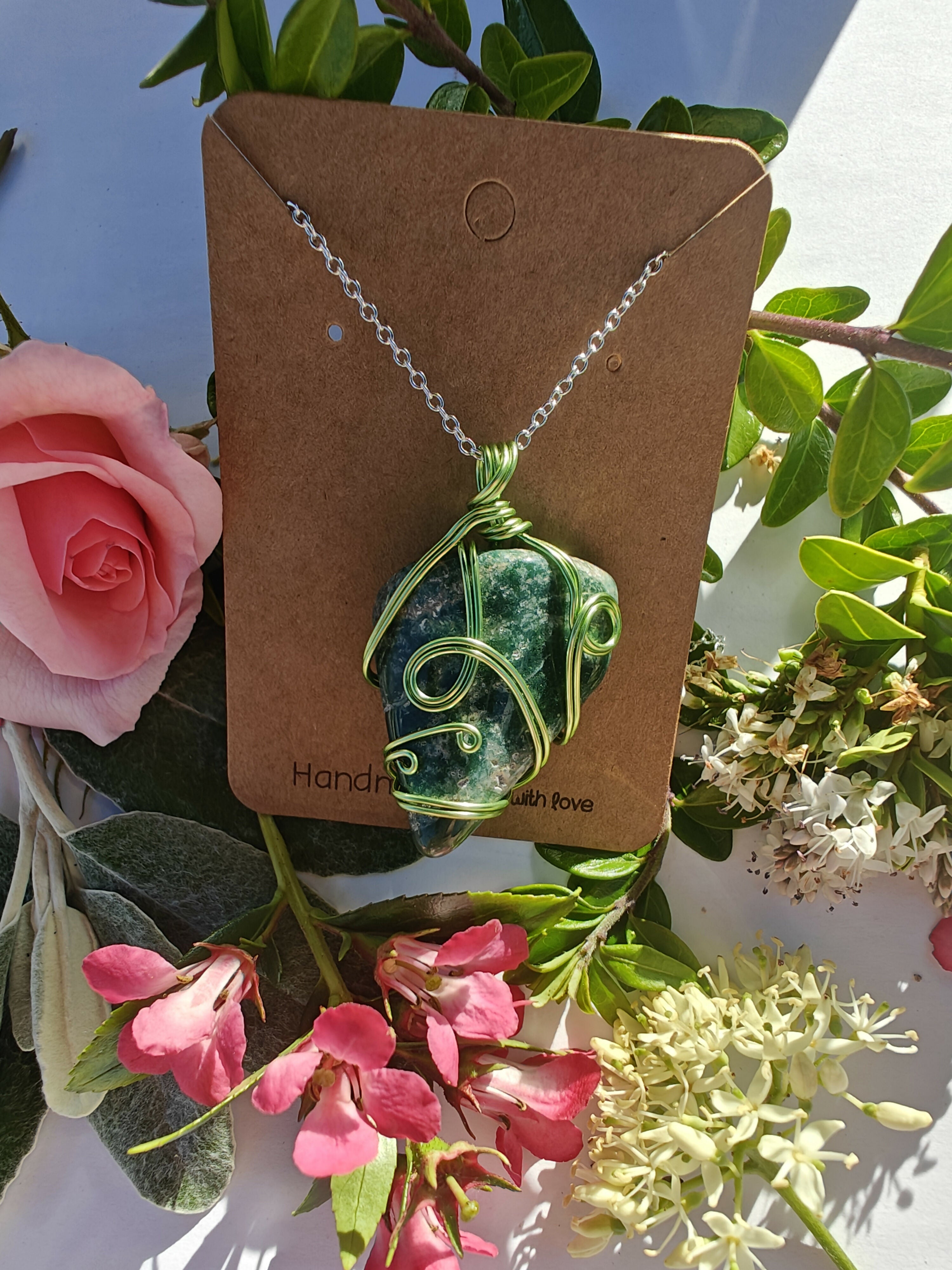 Jasper Wire Wrapped Crystal Necklace on Sterling Silver Chain