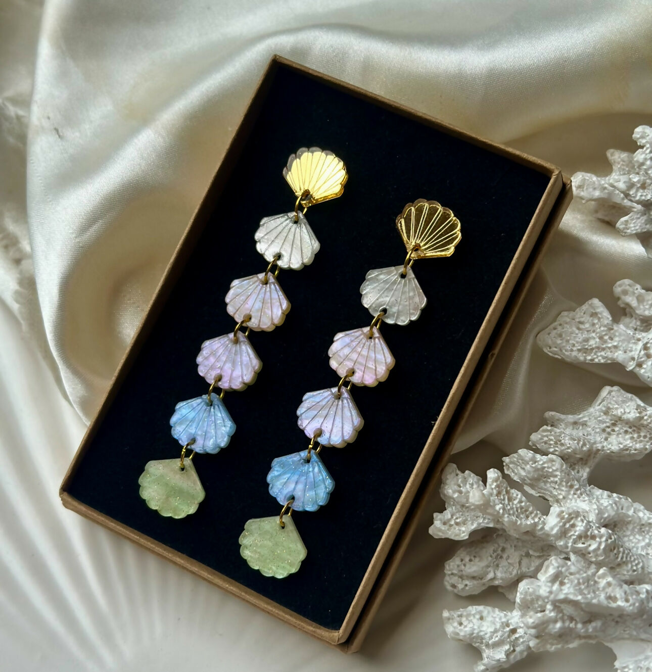 Long dangly, rainbow shell earrings