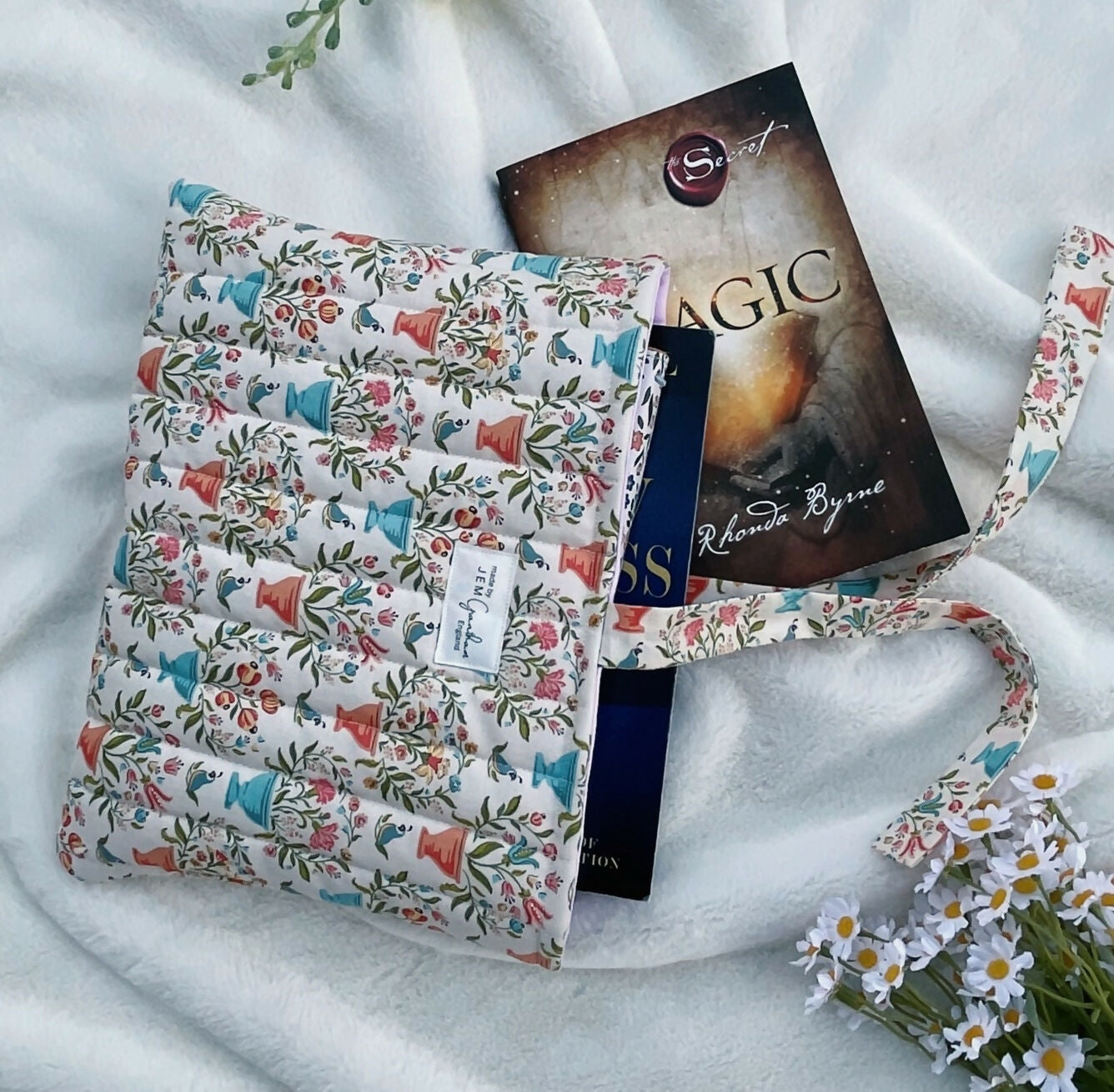 Handmade Quilted Book Sleeve Cream Flower Pot Print