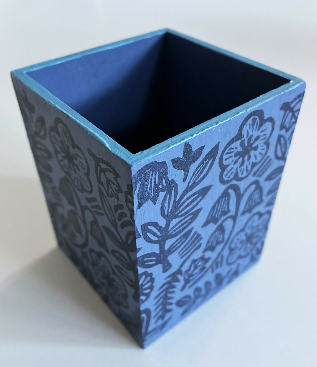 Hand-printed Pen Pot with Blue Floral Design.