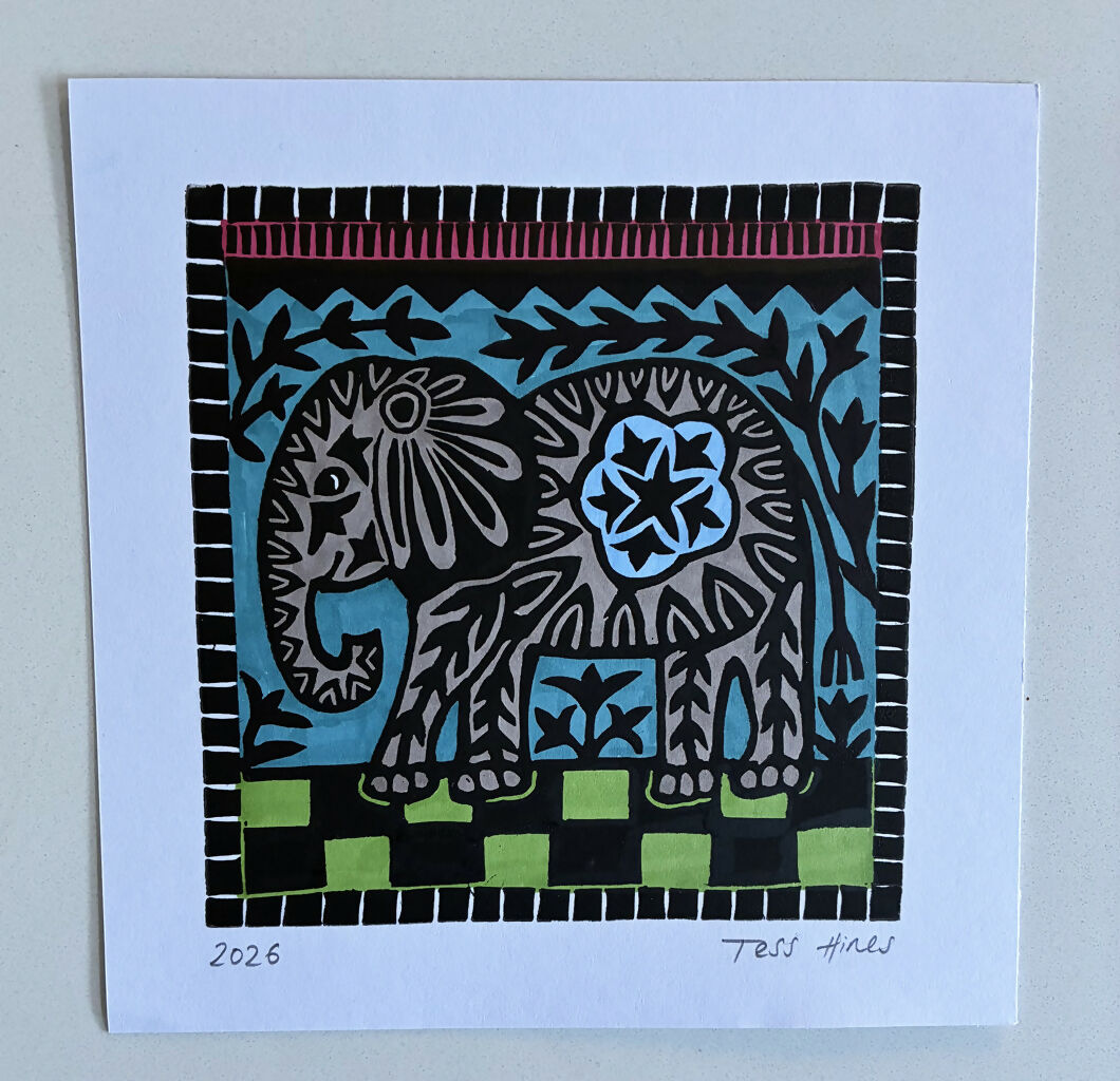 Original Linocut of an Elephant.
