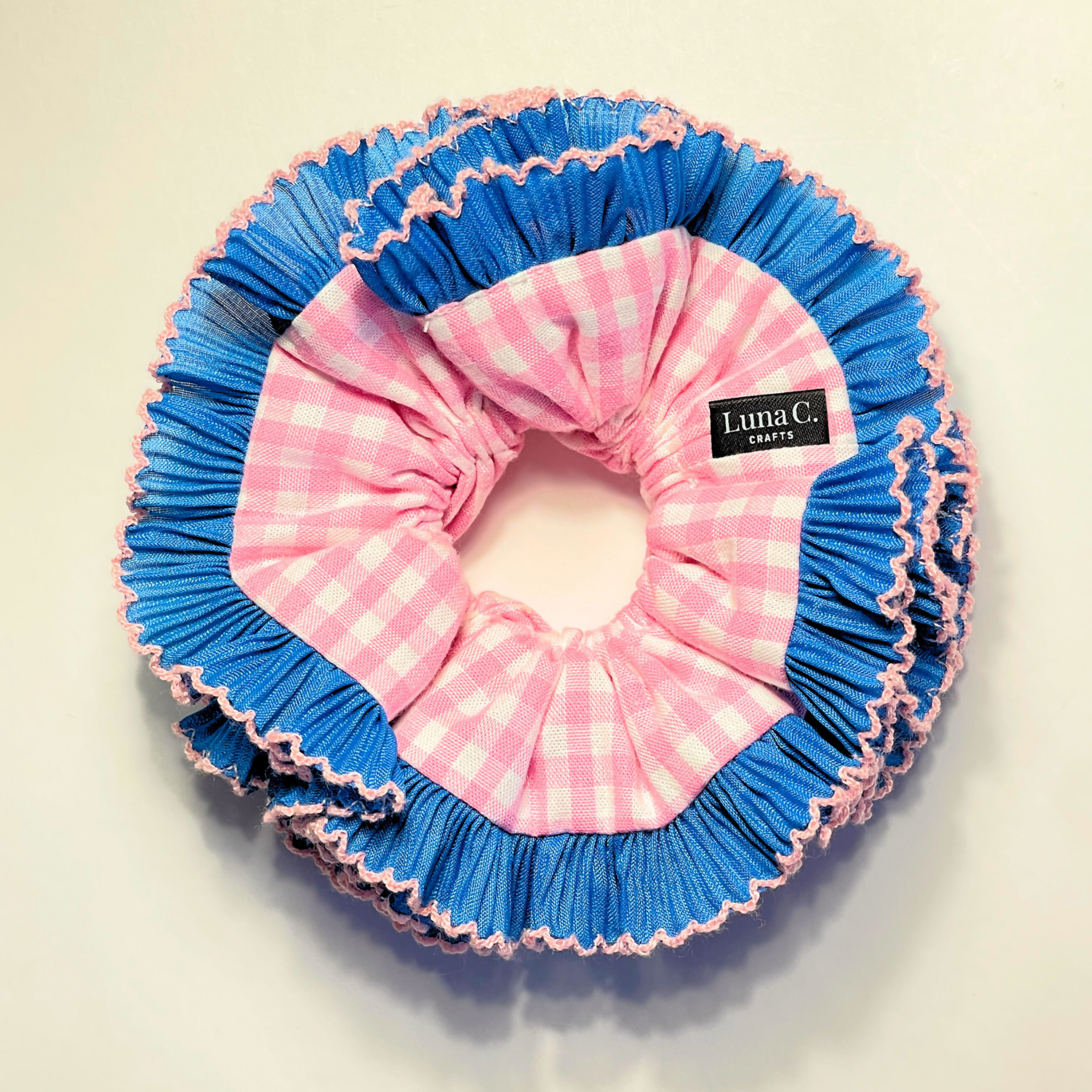 Pink Gingham with Electric Blue Ruffles Double Layer Scrunchie