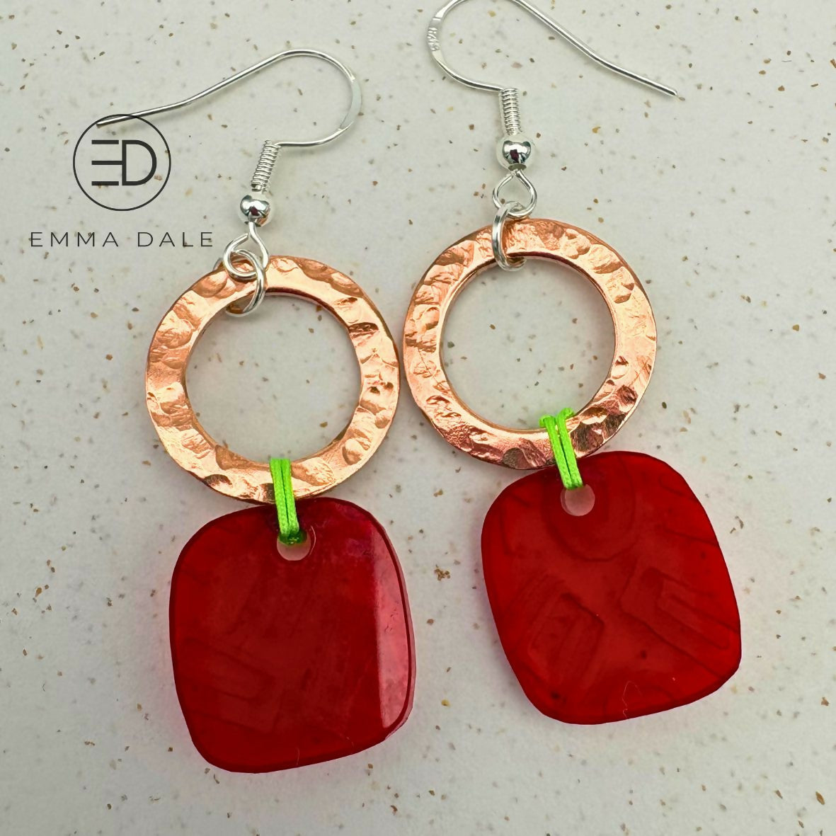 Red Doodle Acrylic & Hand-Hammered Copper Earrings