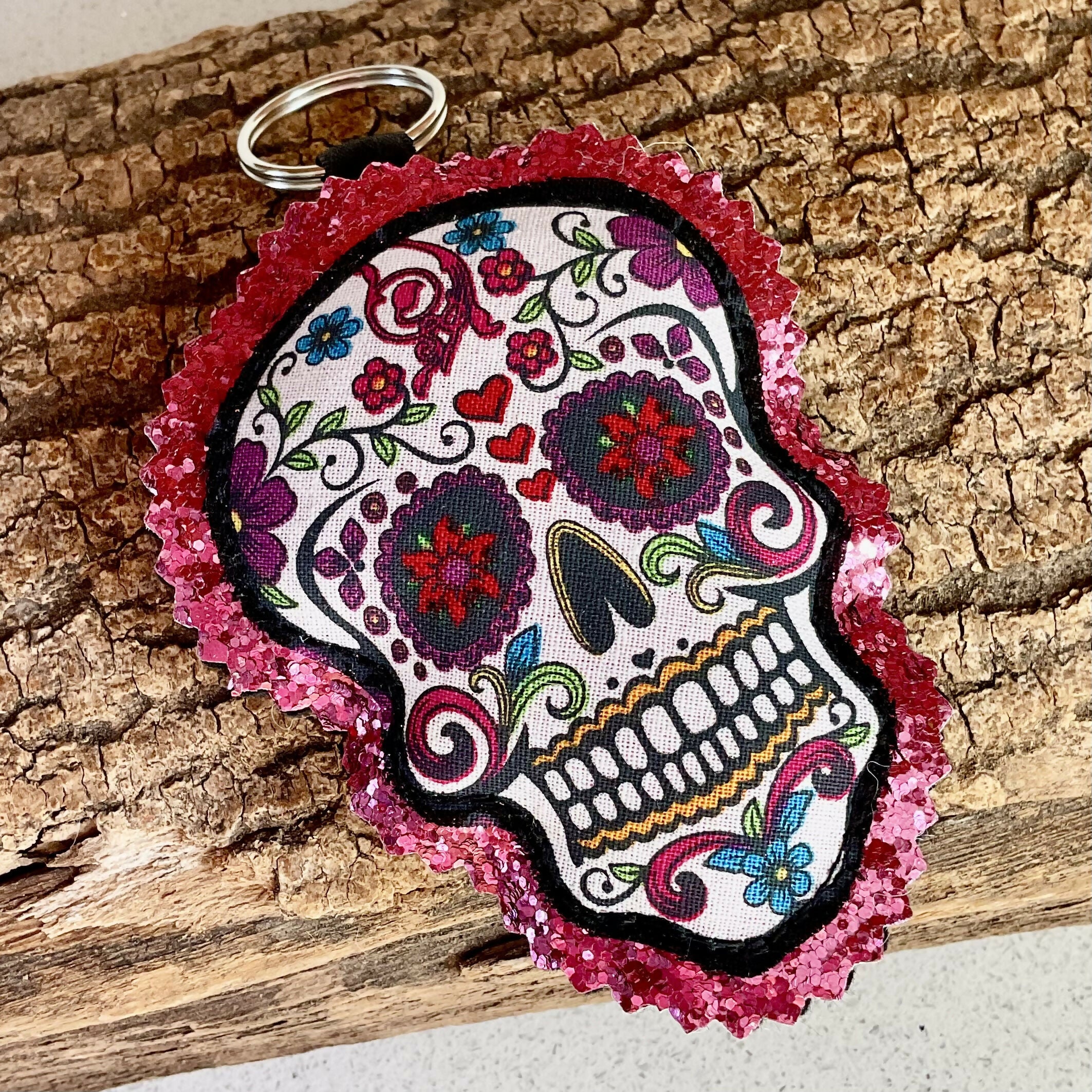 Bright Sugar Skull Keyring, Fabric Sugar Skull Key Ring With Glitter Background, Sparkly Bag Charm, Halloween Gift