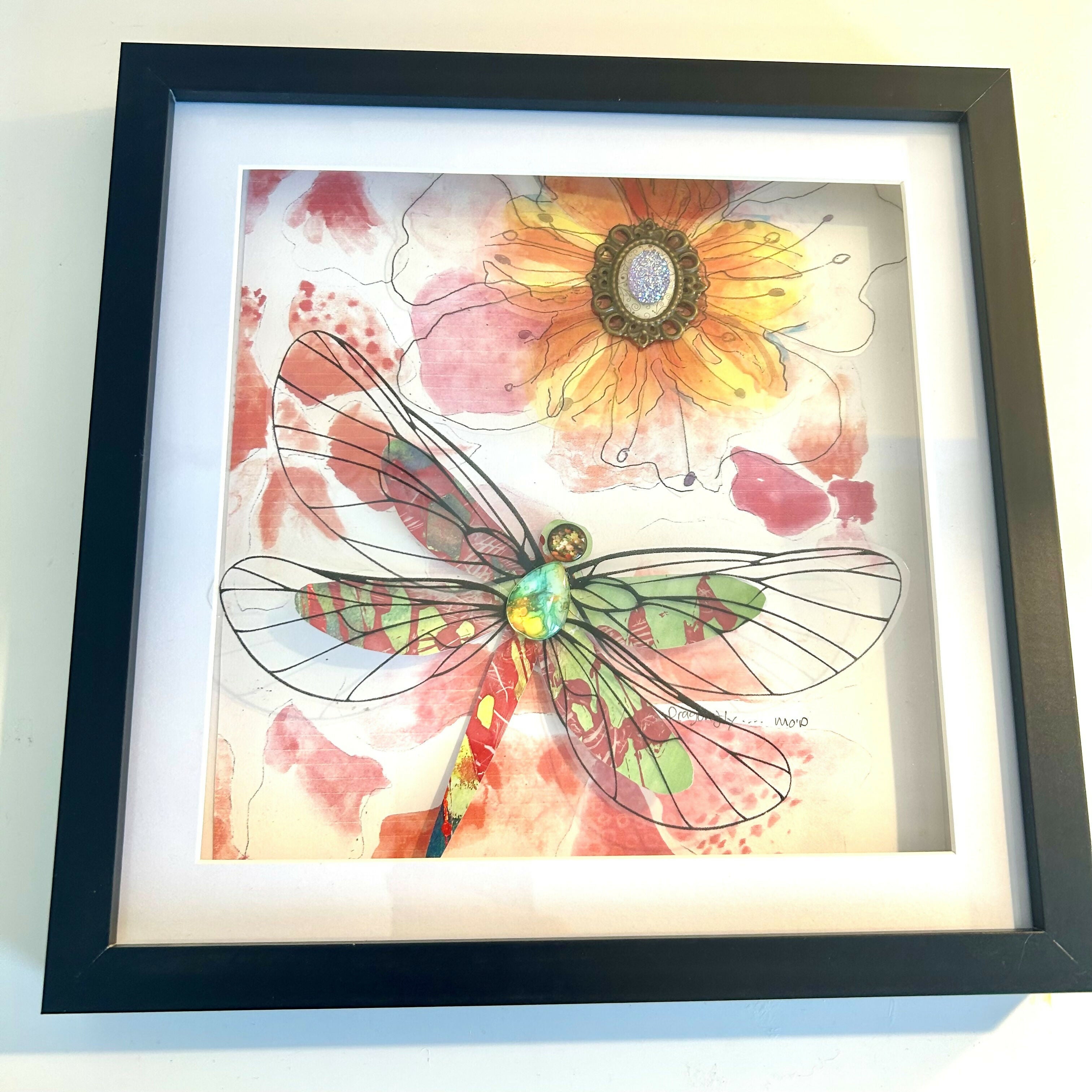 Florals & Dragonfly Mixed Media Framed Artwork
