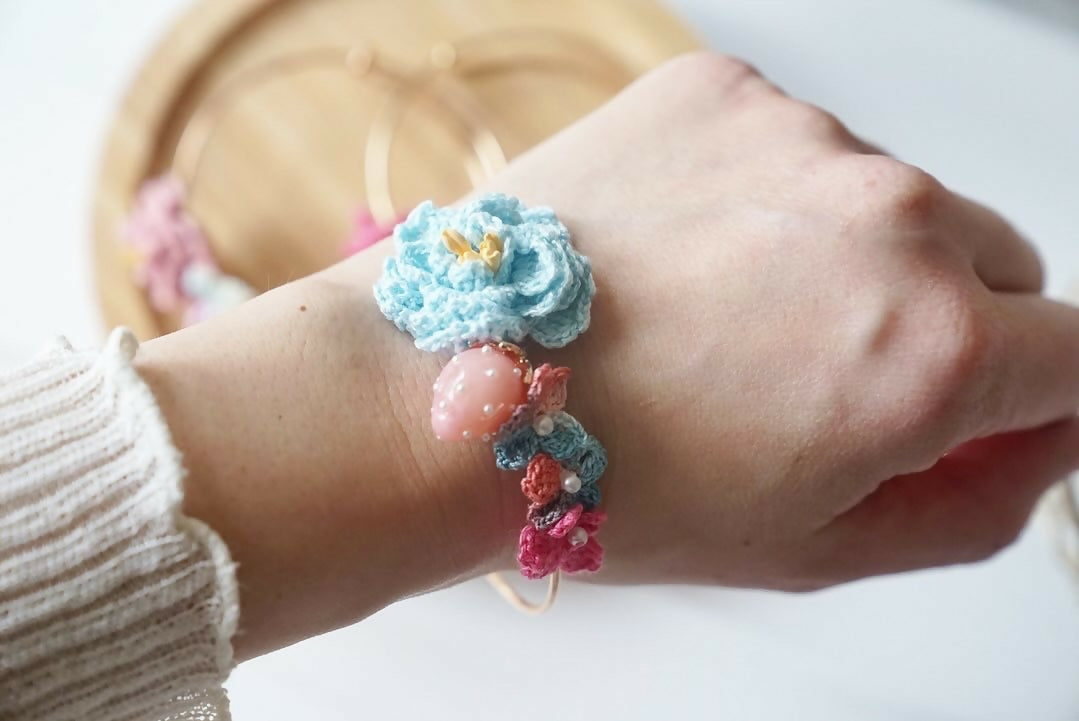 Handmade Micro Crochet Peony with Strawberry Flower Bangles