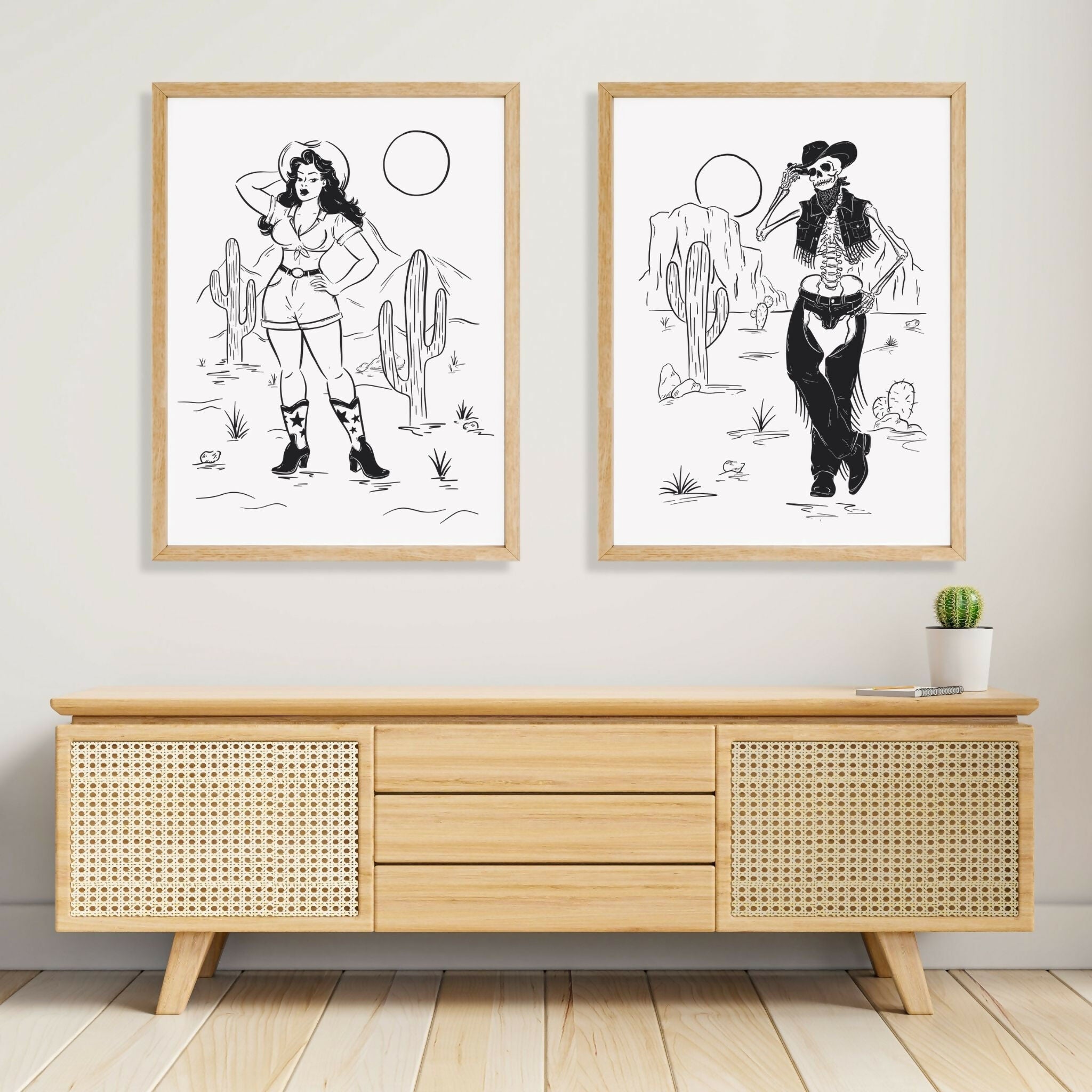 Cowboy Skeleton - Illustrated Black and White Print