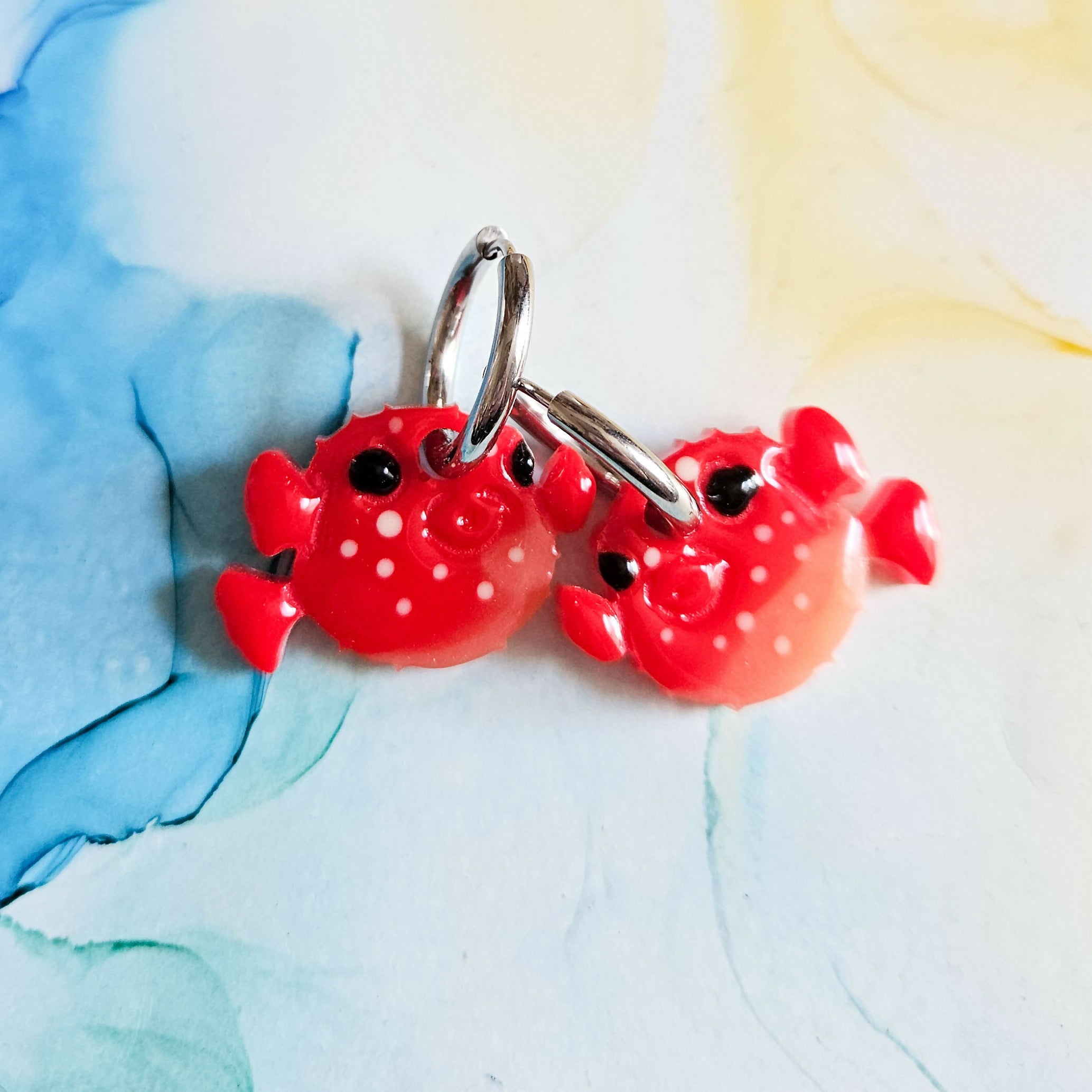 Handmade Resin Puffer Fish Charms On Chunky Hoops