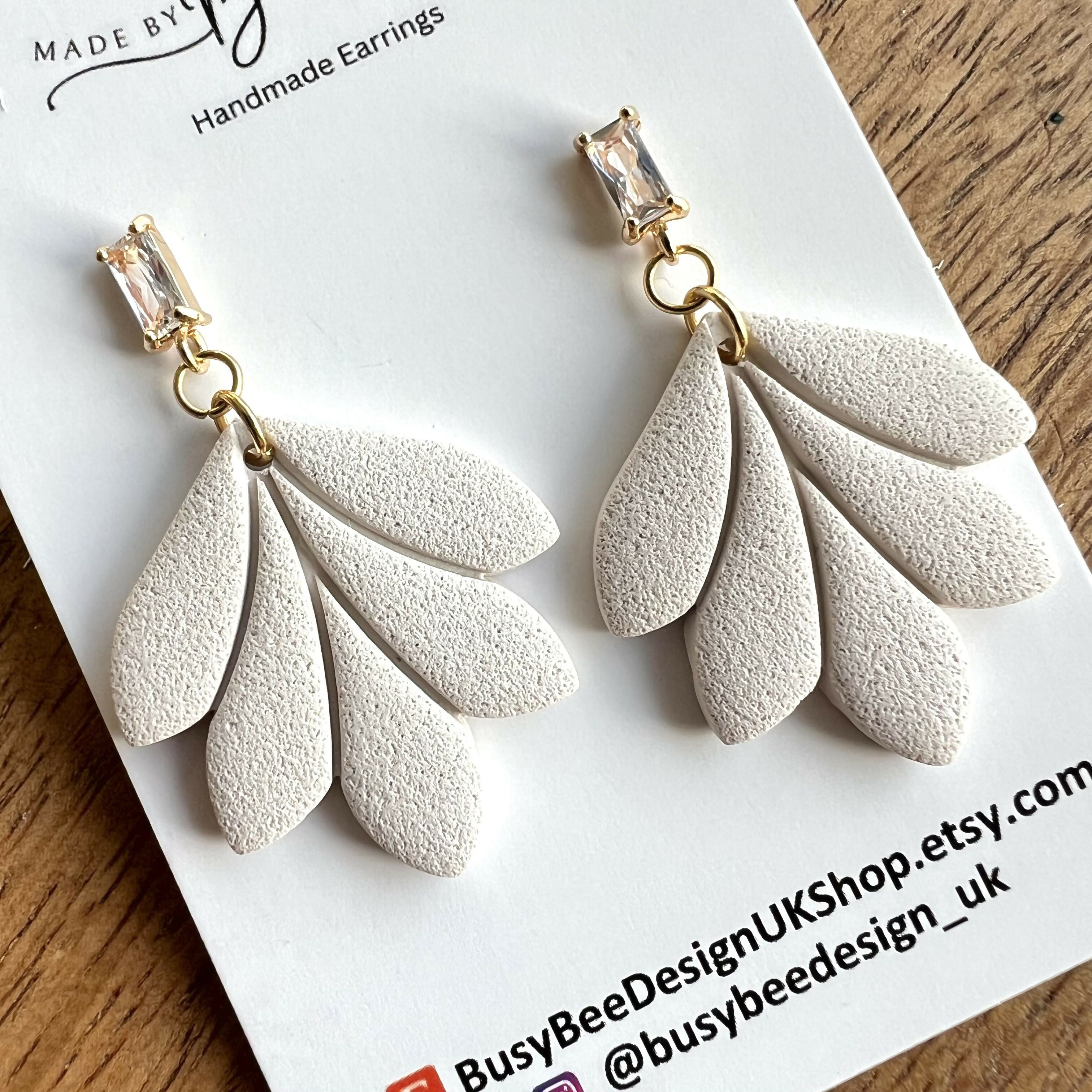 Minimal Leaf Earrings with Clear Glass Cubic Zirconia Studs/ Art Deco Polymer Clay Earrings / Handmade Clay Jewellery