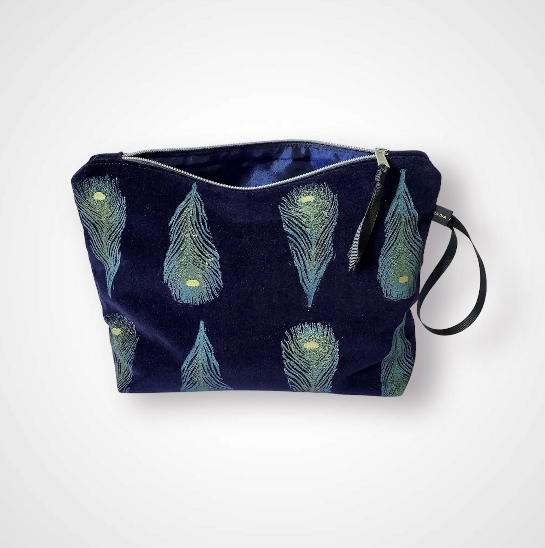 Navy Blue Peacock Feathers Velvet Makeup Bag