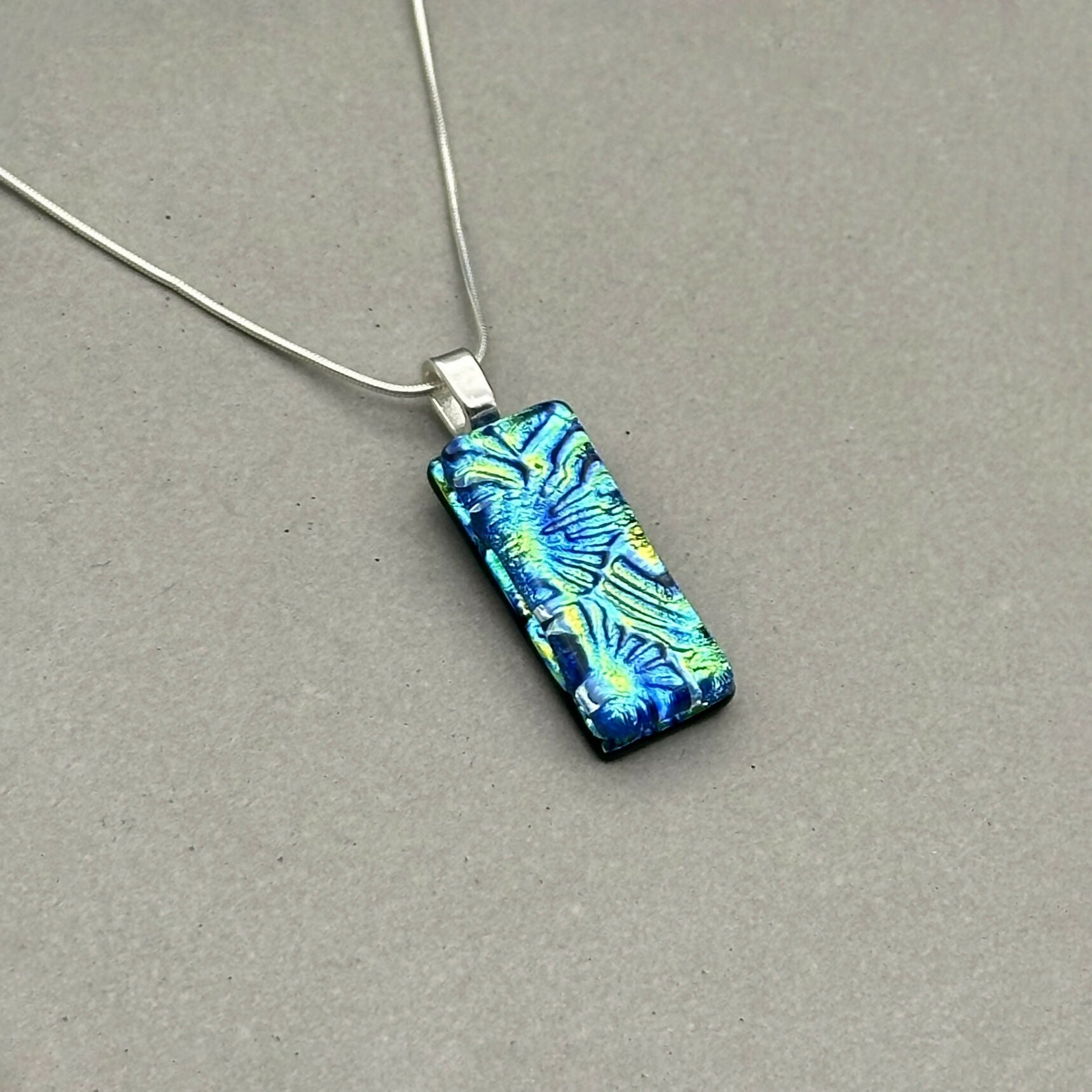 Blue & Green Flower Dichroic Glass Necklace and Earrings Set - Sterling Silver, Handmade by Jade Tapson Glass.