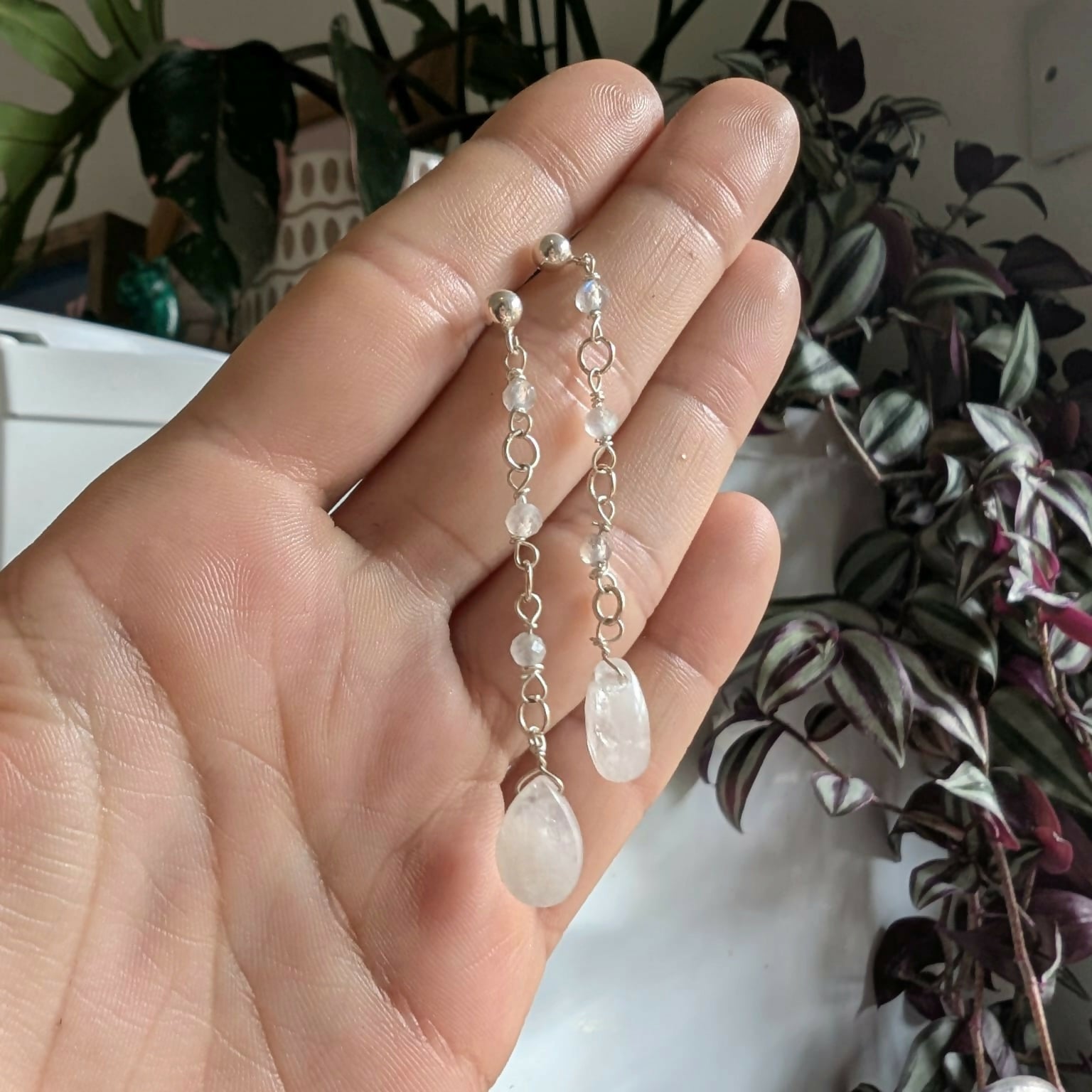 Sterling Silver Long Dangle Earrings with Labradorite & Moonstone Teardrops