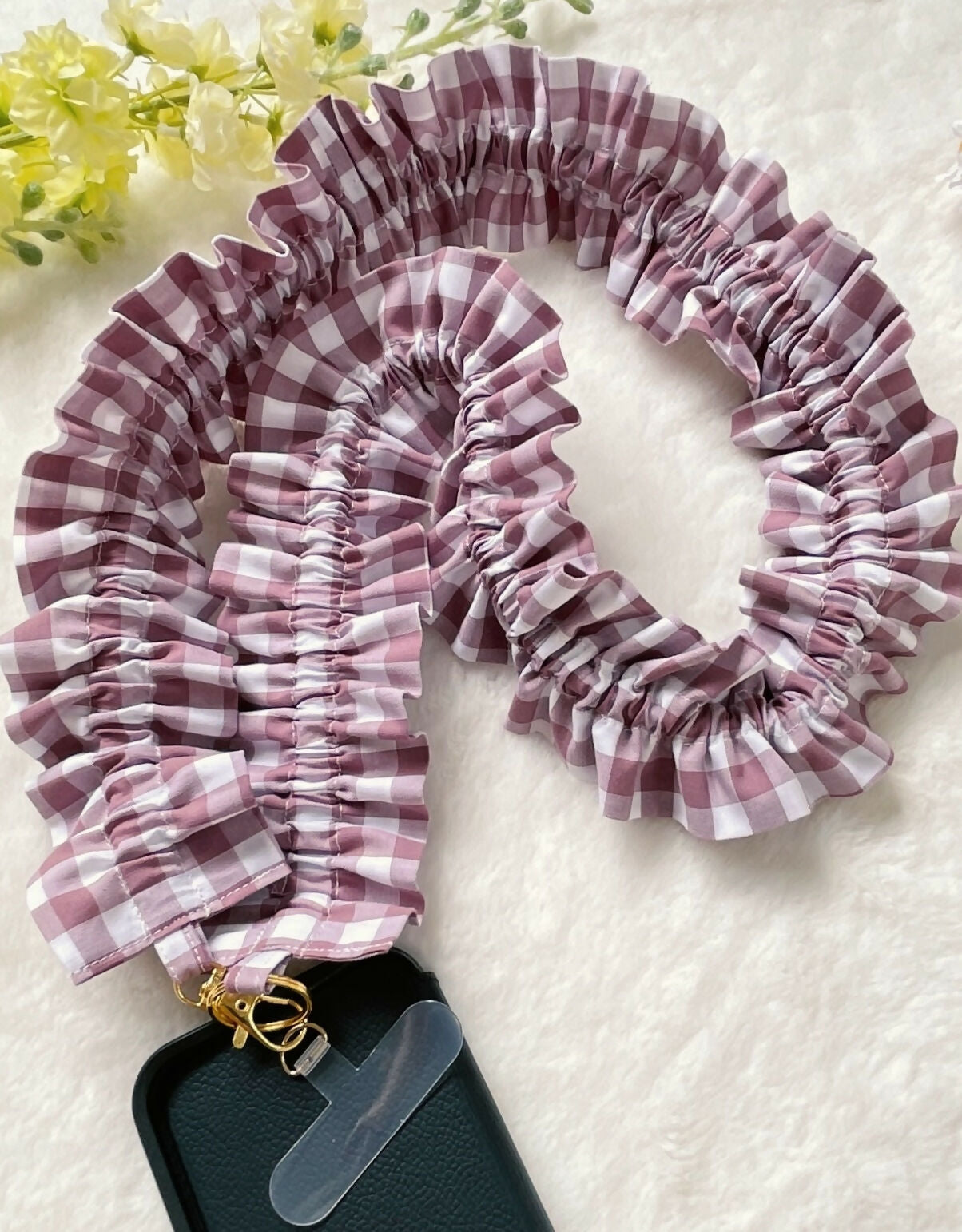 Handmade Ruffled Crossbody Phone Strap Mauve Gingham