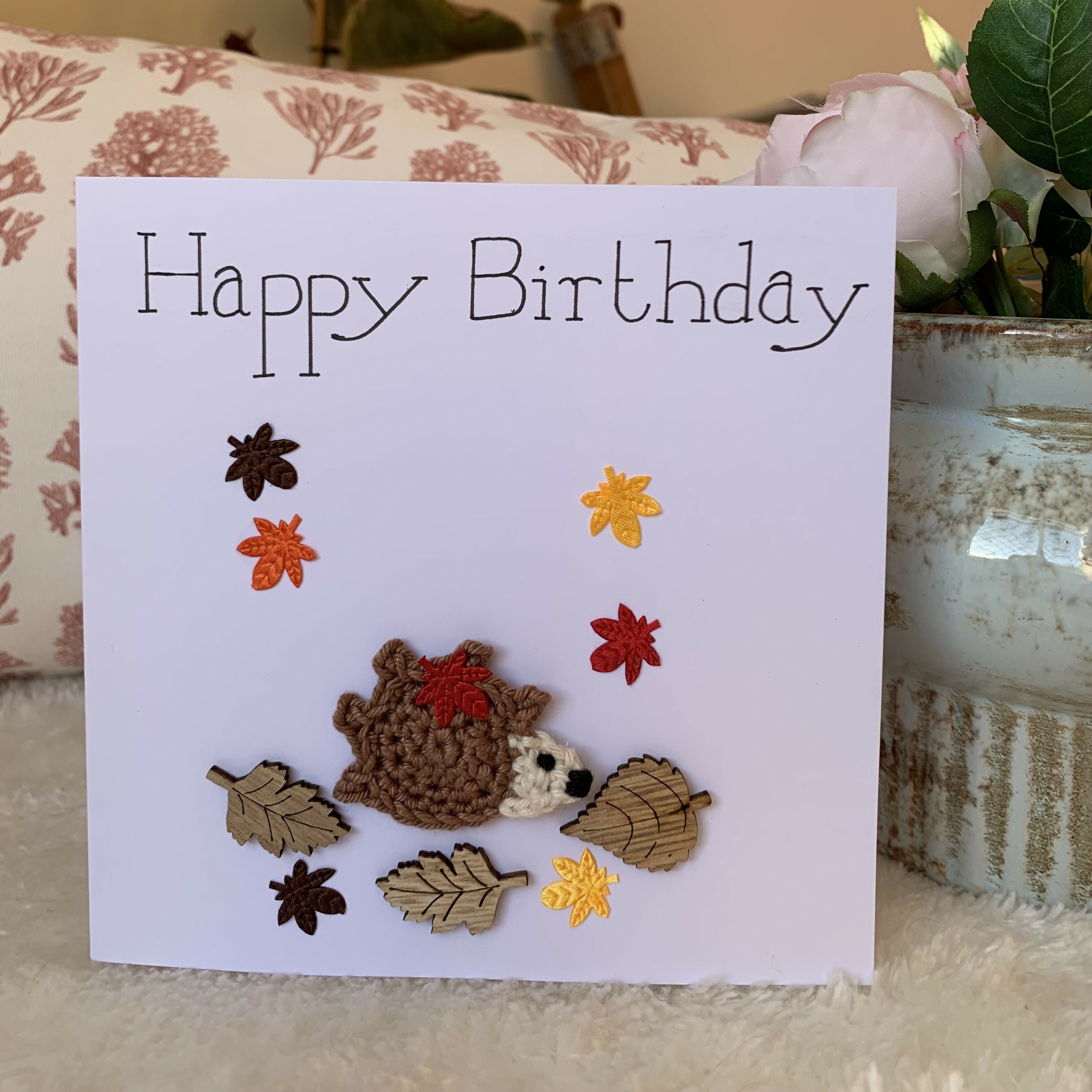 Happy Birthday Crocheted card with Hedgehog