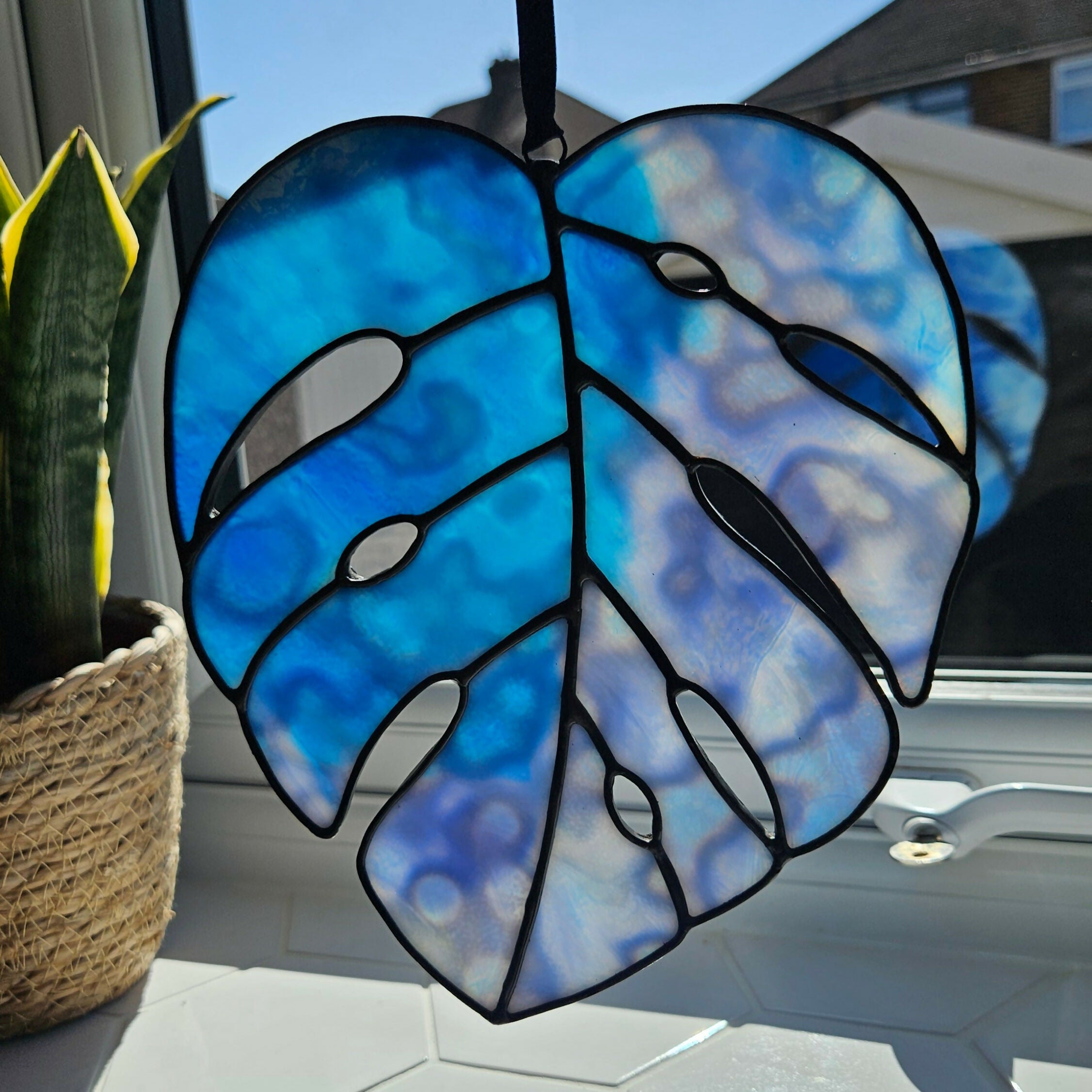 Mottled Blue Stained Glass Monstera Leaf