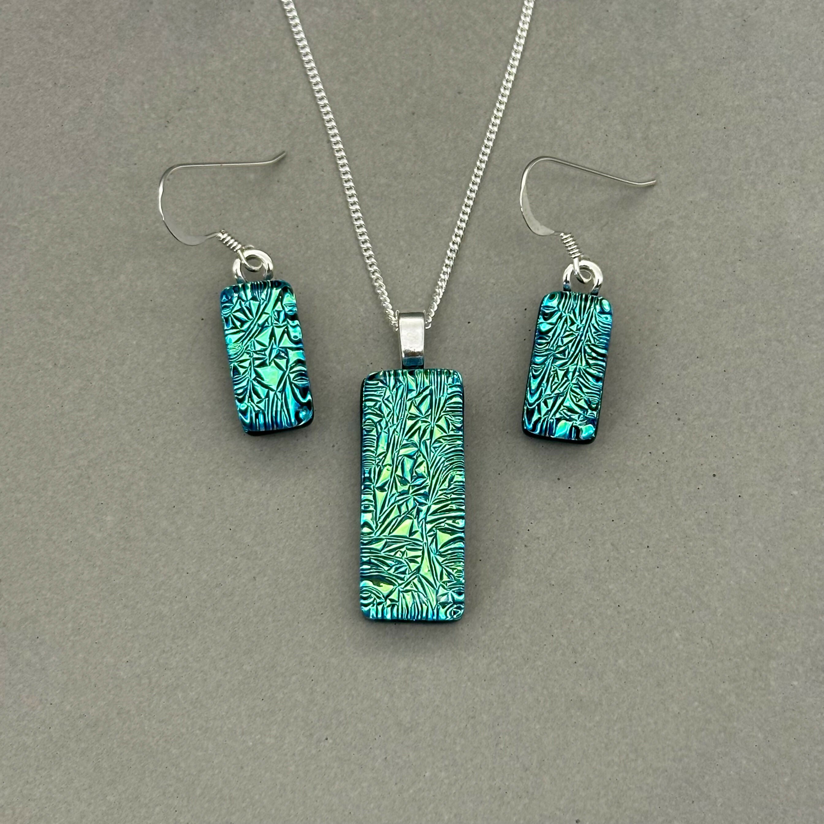 Green & Blue Crackle Dichroic Glass Necklace and Earrings Set - Sterling Silver, Handmade by Jade Tapson Glass