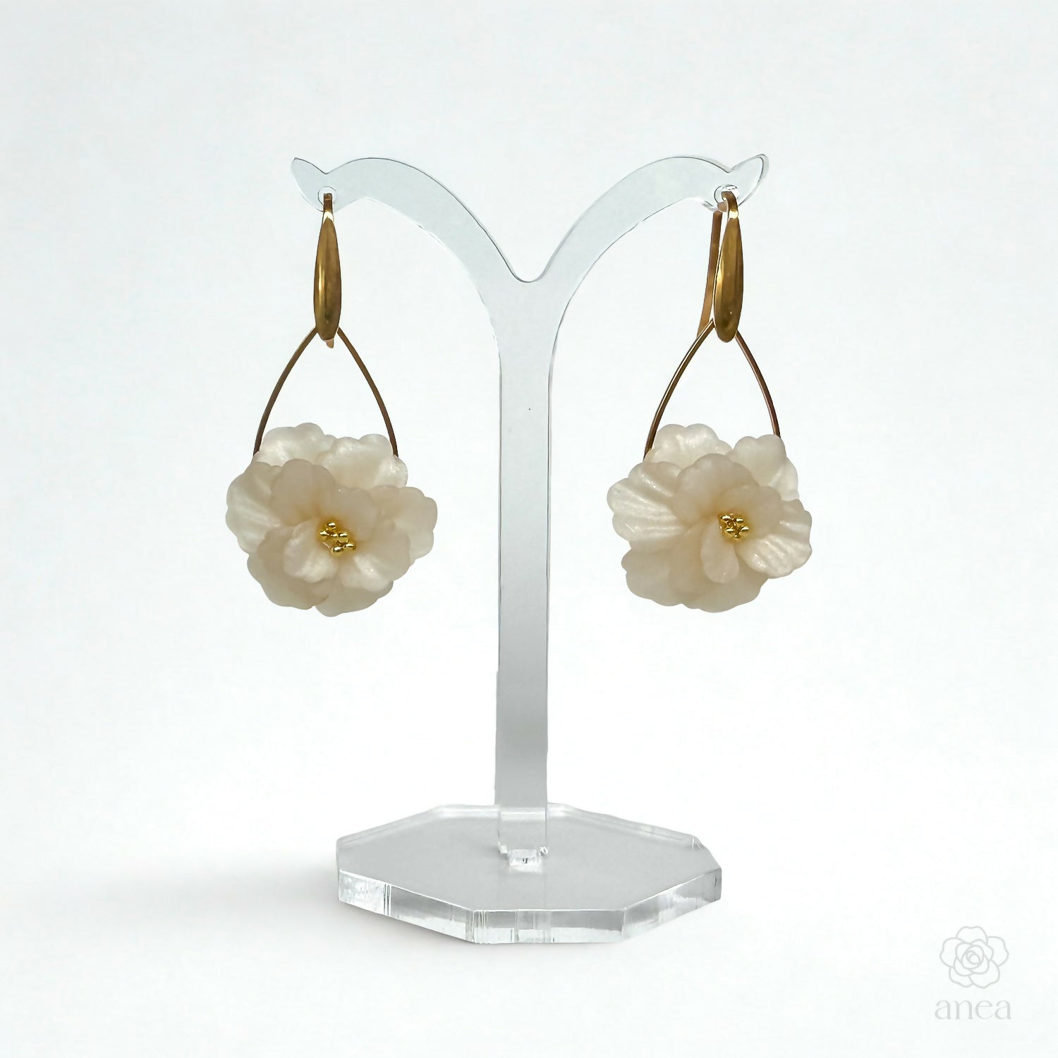 Sculpted Flower Drop Earrings with Gold Hook in Ivory
