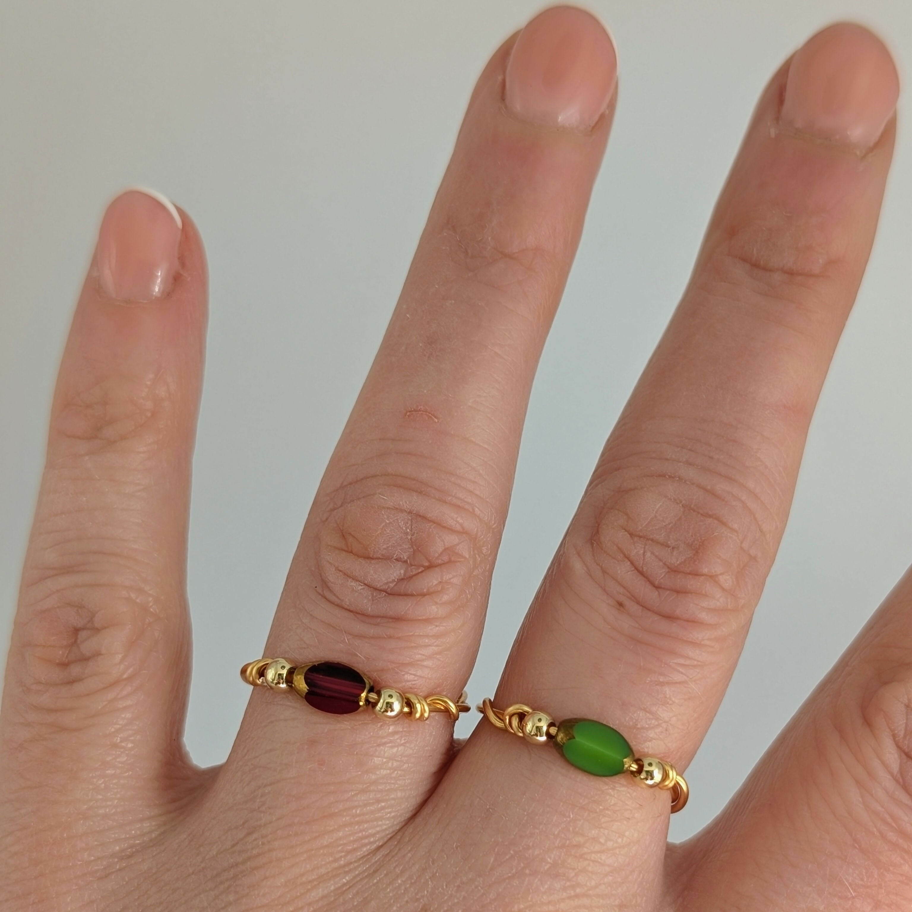 SIZE LARGE Glass Bead Gold Plated Wire Rings in an Array of Colours