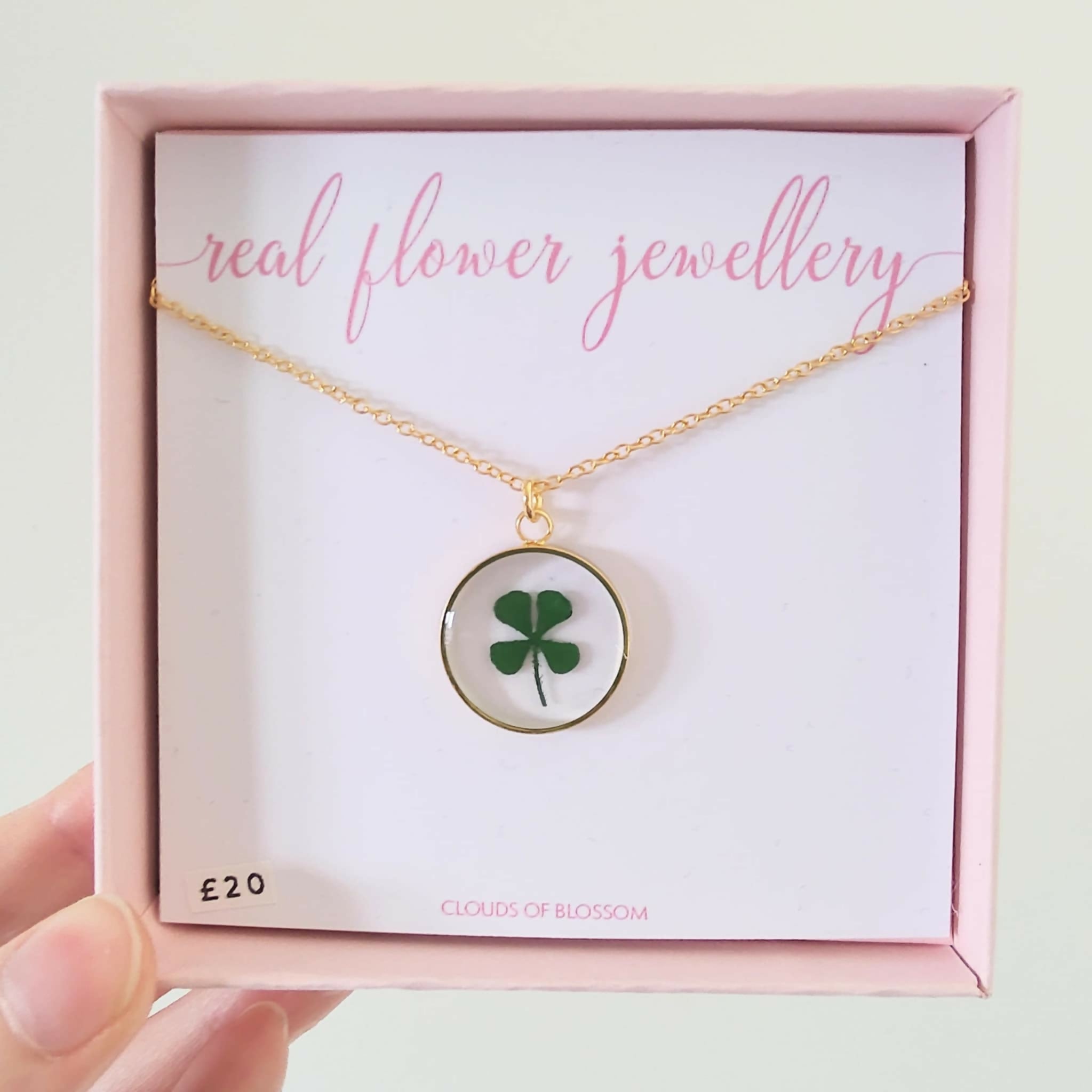 Pressed Four Leaf Clover Circle Necklace Gold Plated